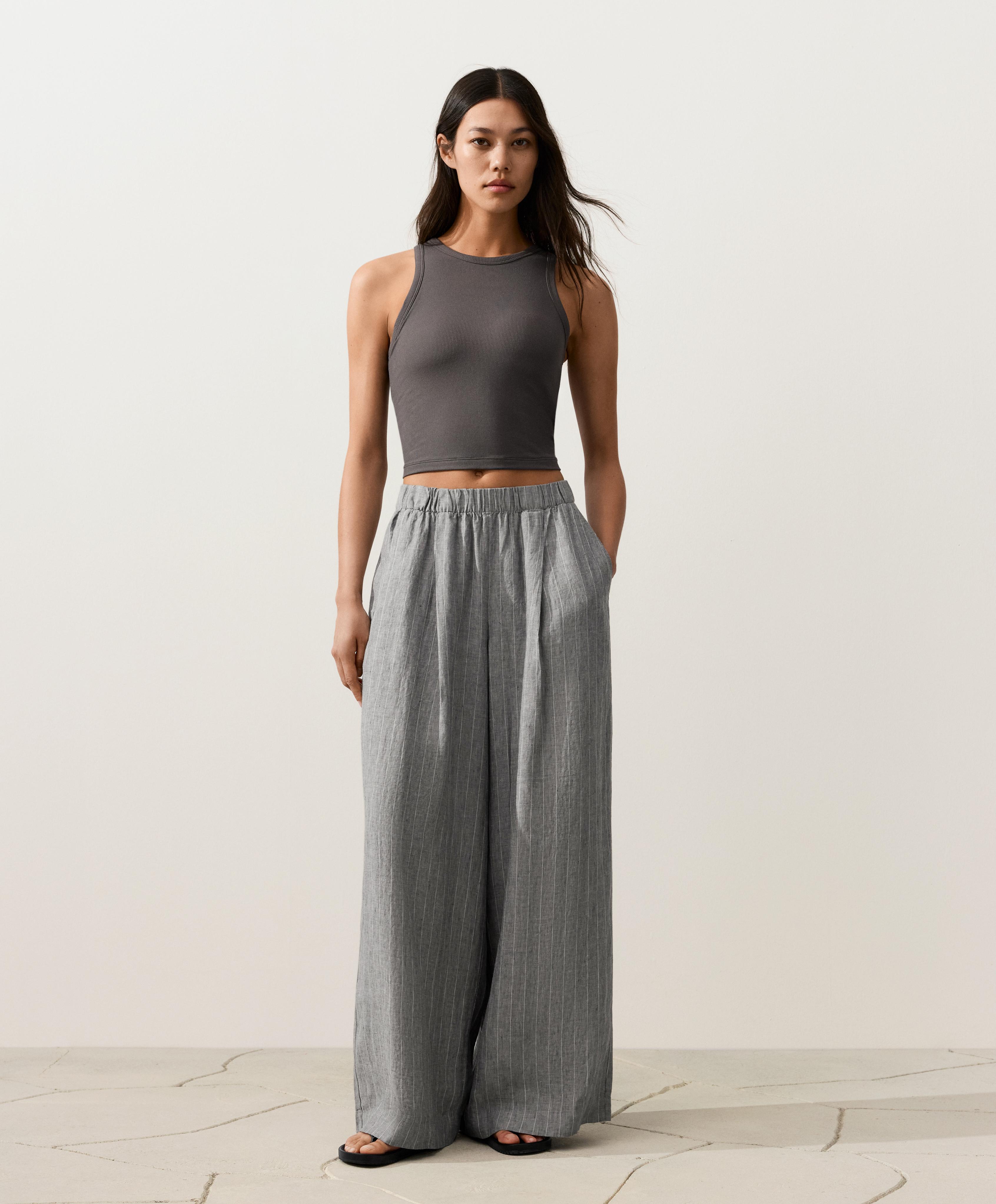 100% linen wide-leg striped trousers — MID GREY