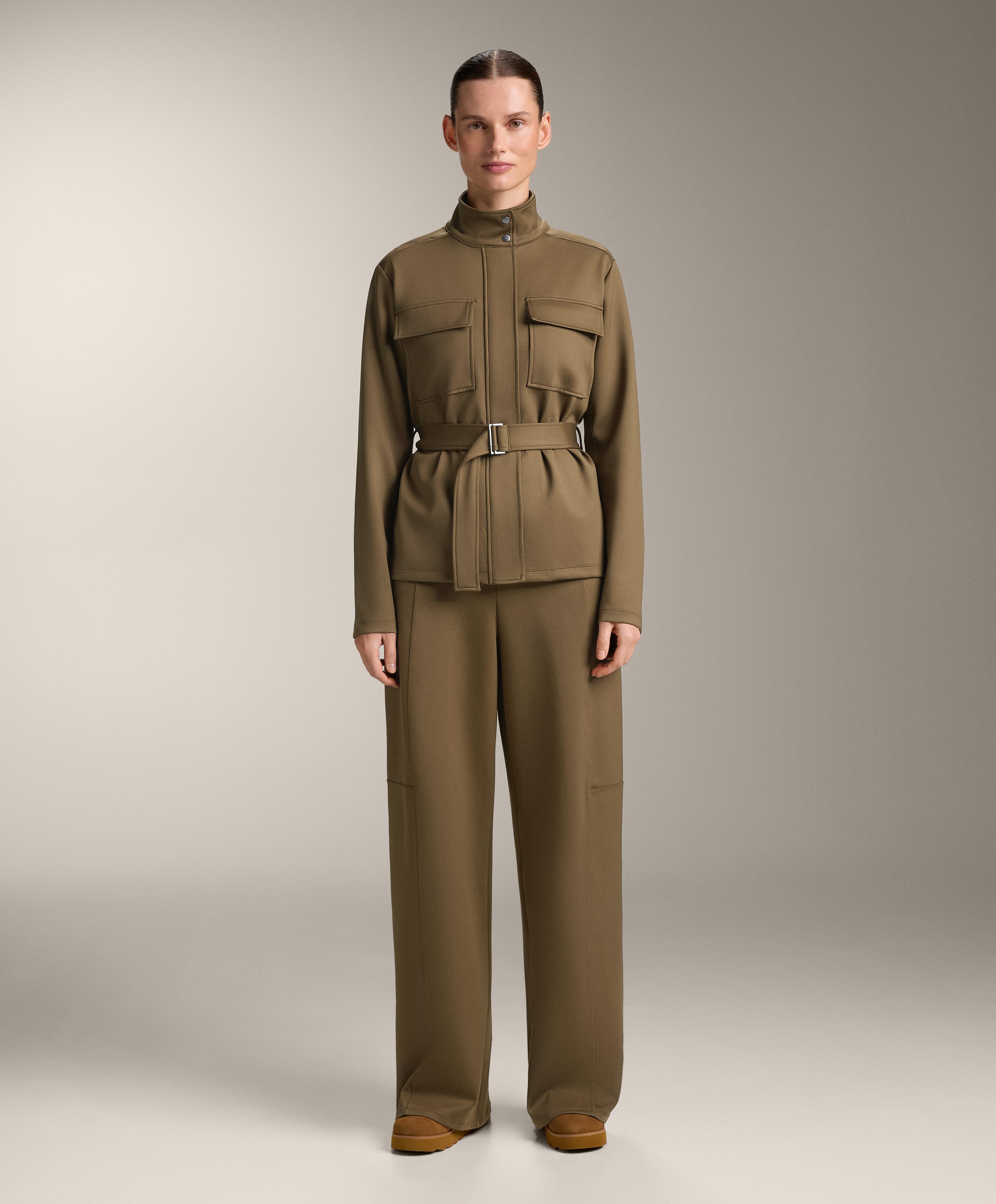 High rise neoprene-effect straight-leg trousers — OLIVE GREEN