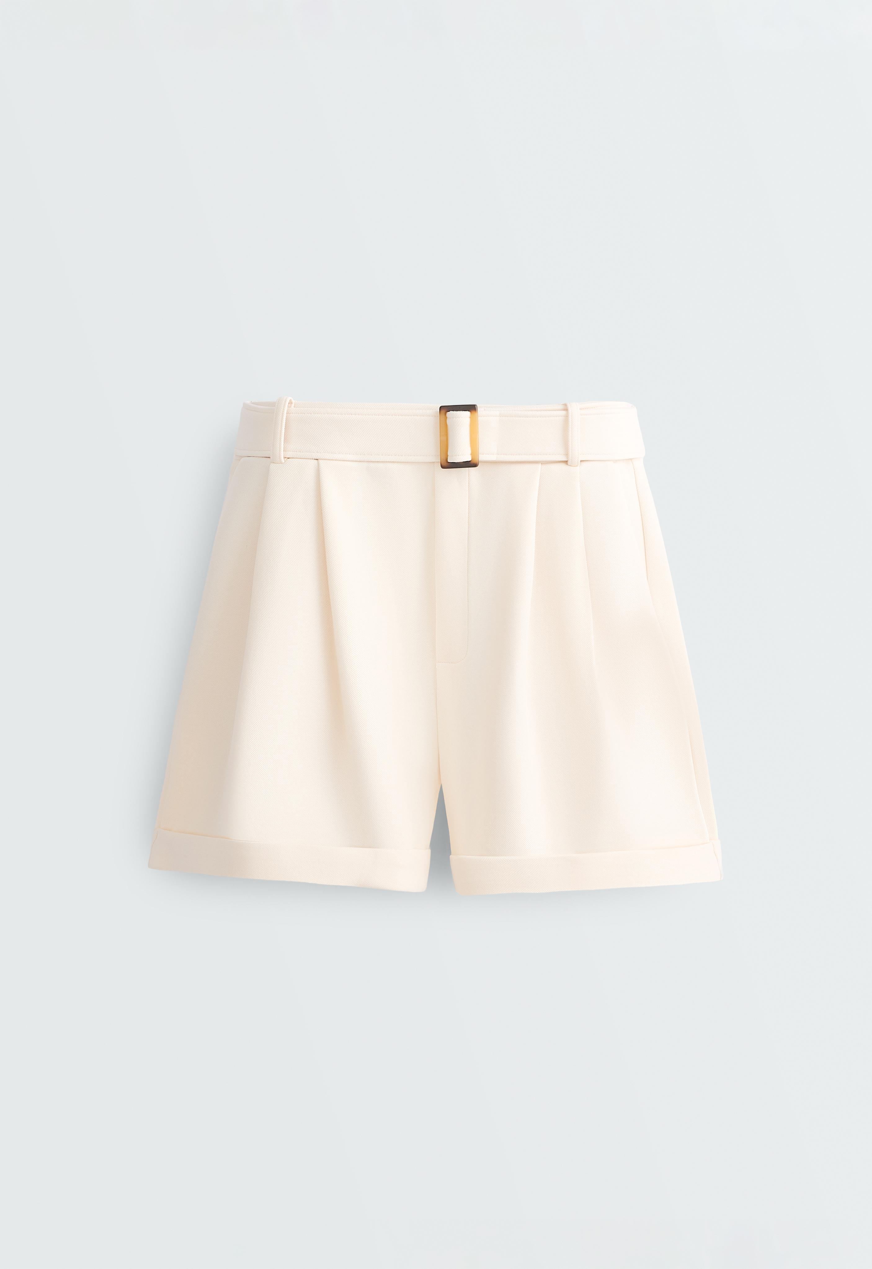 Cotton piqué belted shorts — PALE ECRU