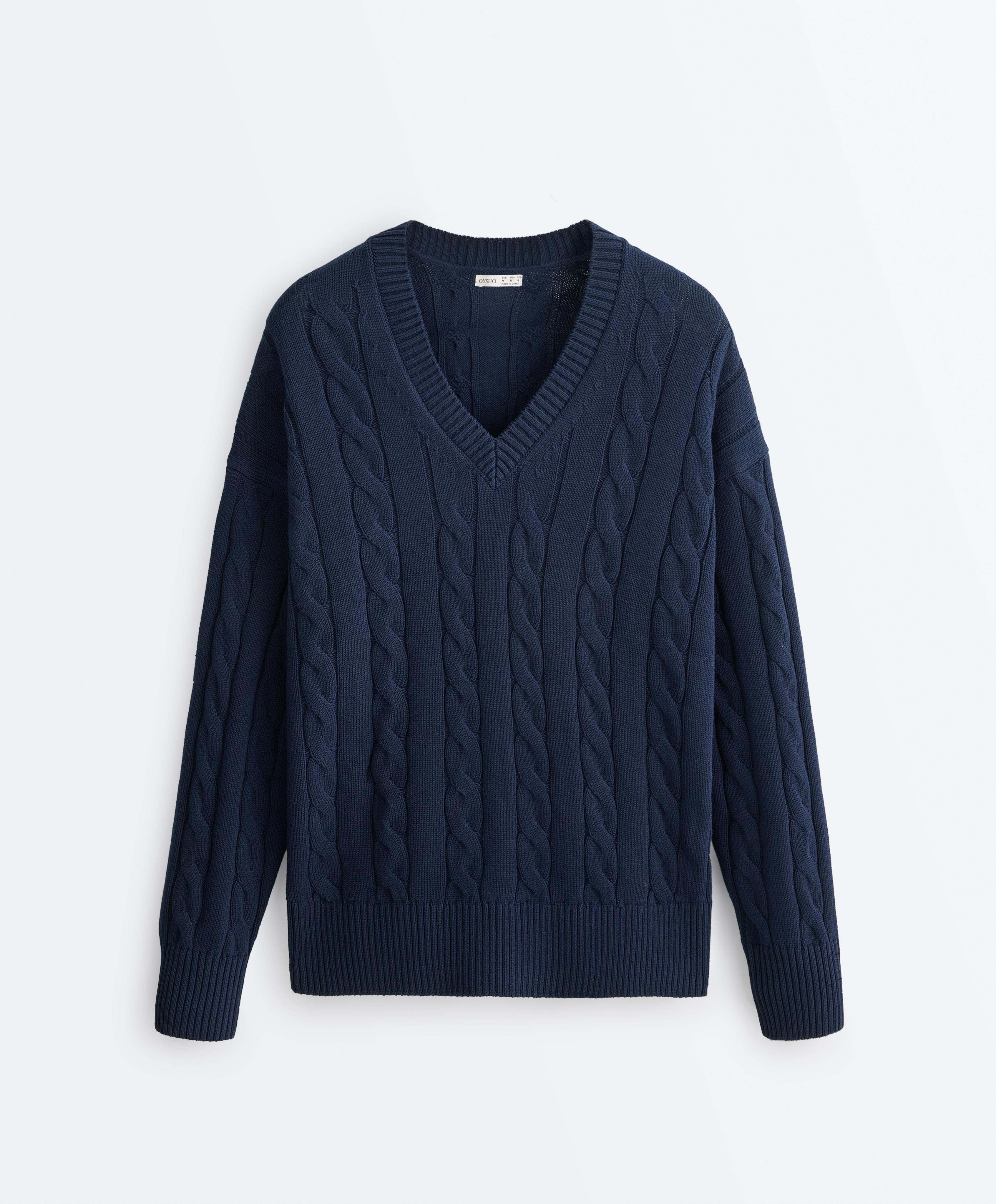 100% cotton cable knit V-neck jumper — NAVY BLUE