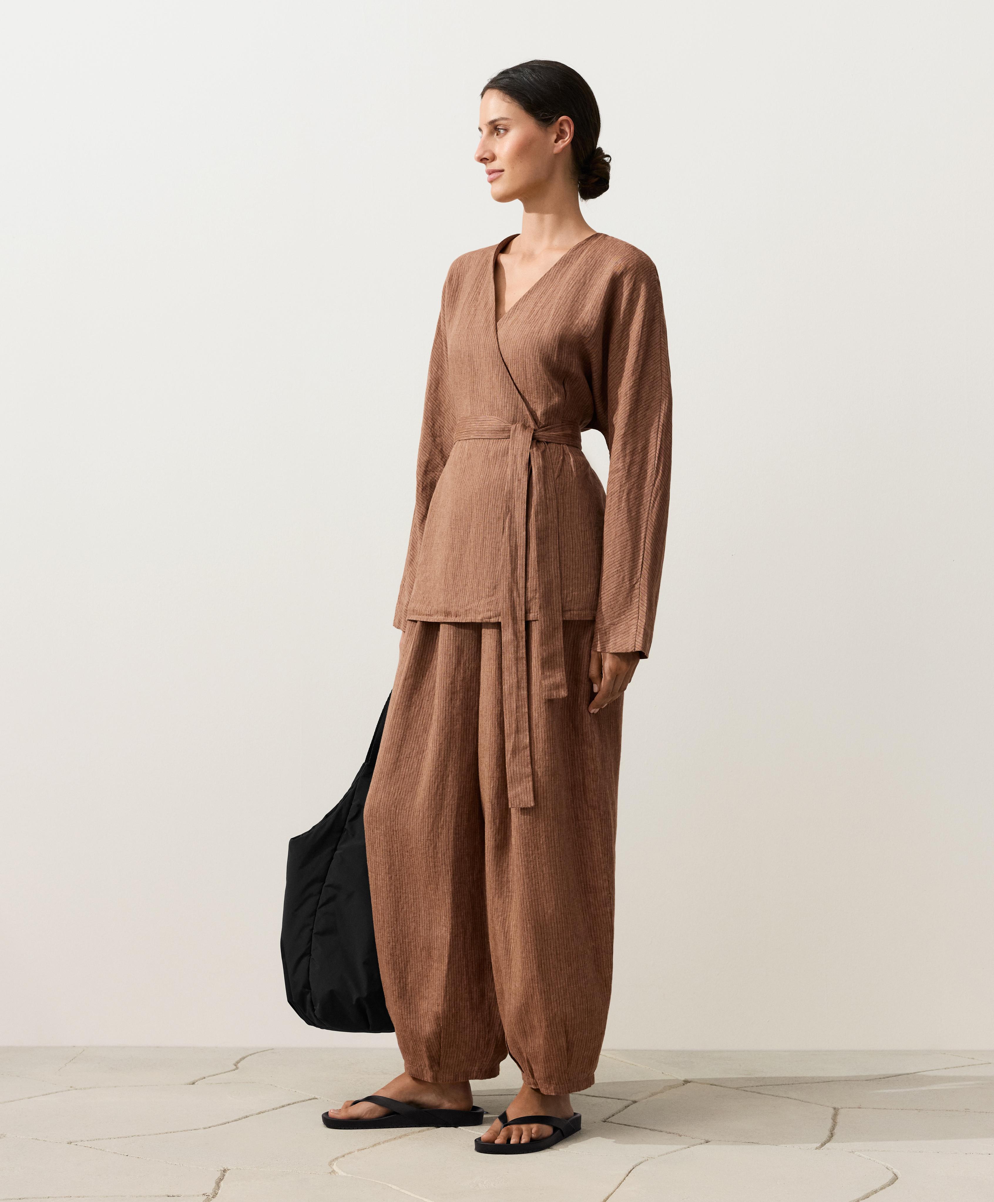 Striped 100% linen kimono shirt — TAN MELANGE