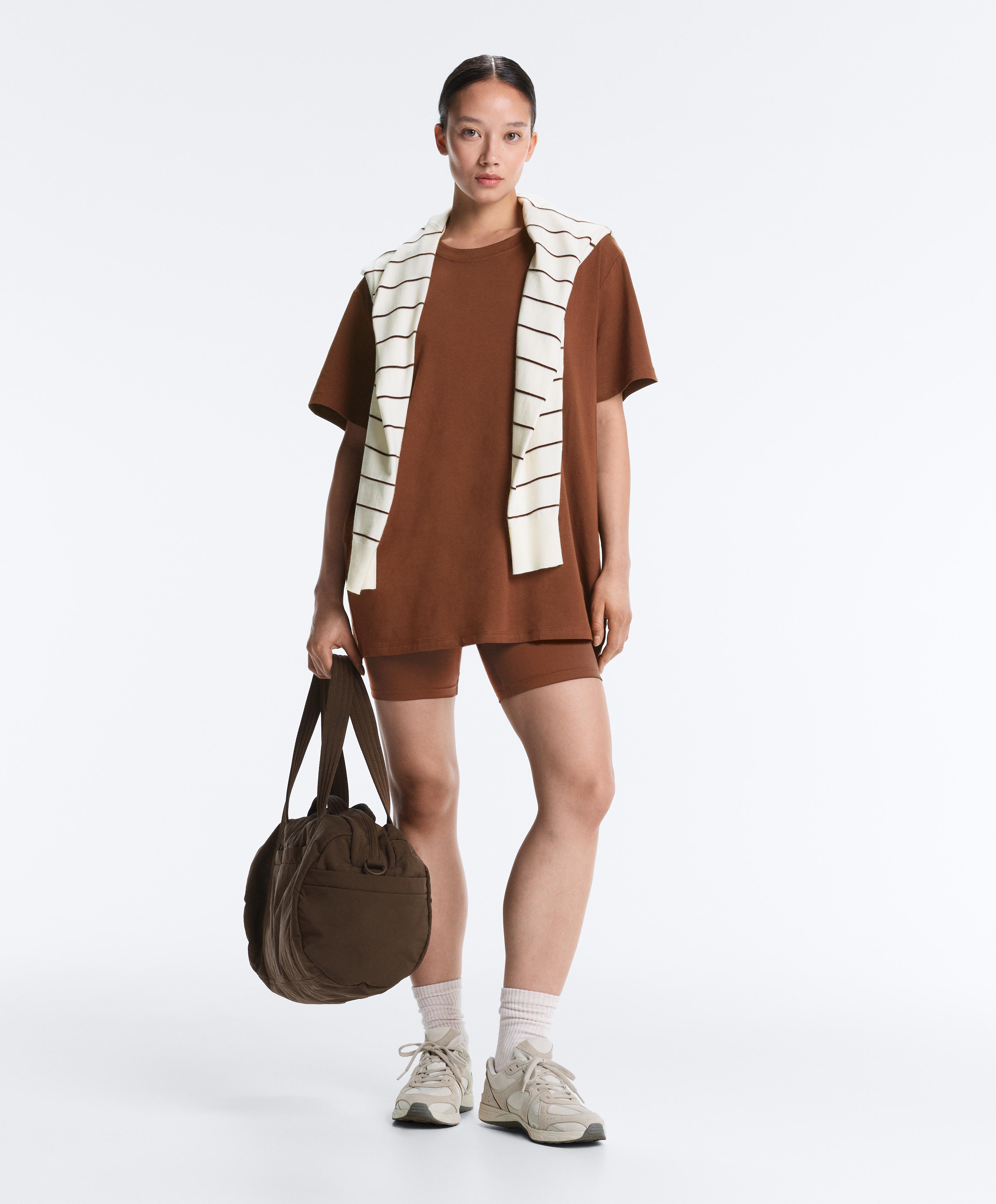 Oversize cotton blend short-sleeved T-shirt — COFFEE