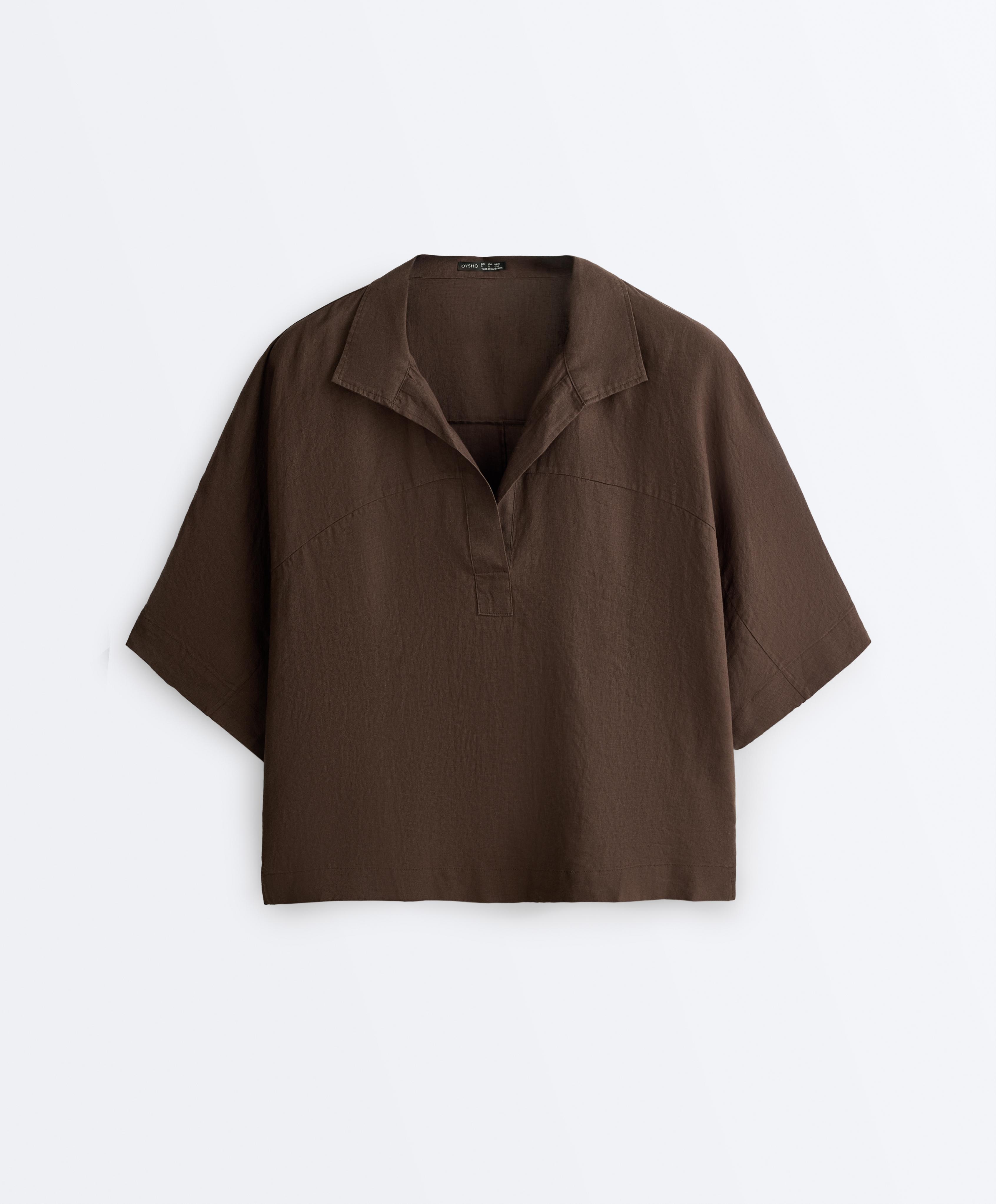 Oversize 100% linen polo shirt — DARK BROWN