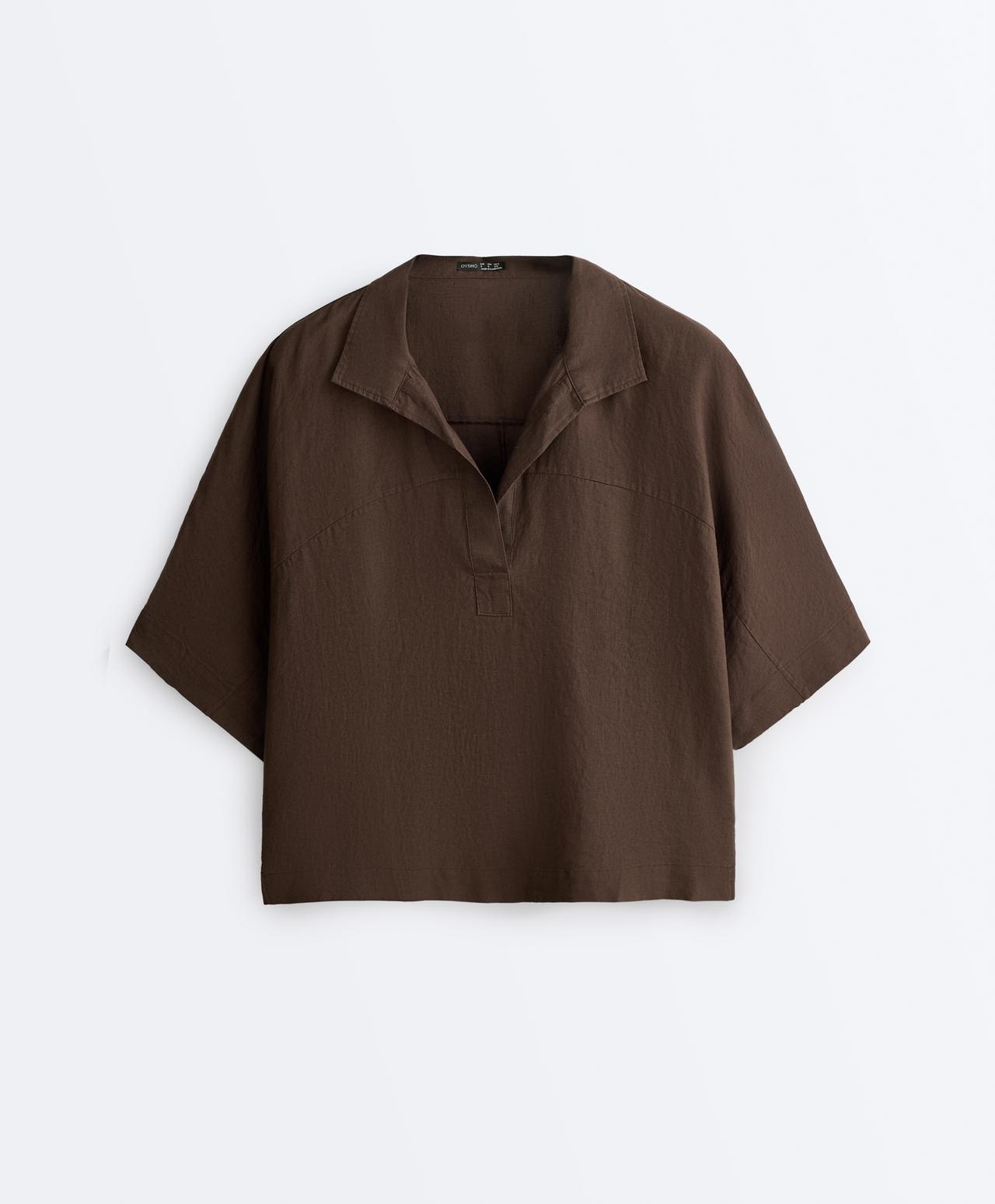 Oversize 100% linen polo shirt — DARK BROWN