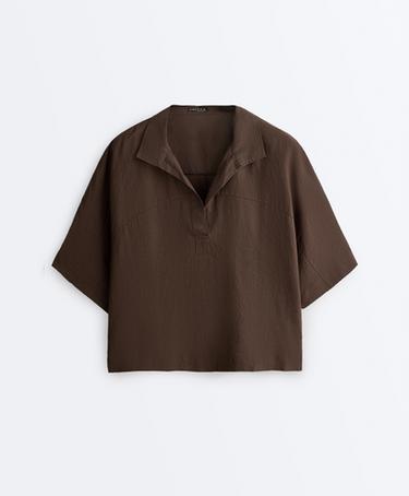 Oversize 100% linen polo shirt — DARK BROWN 7