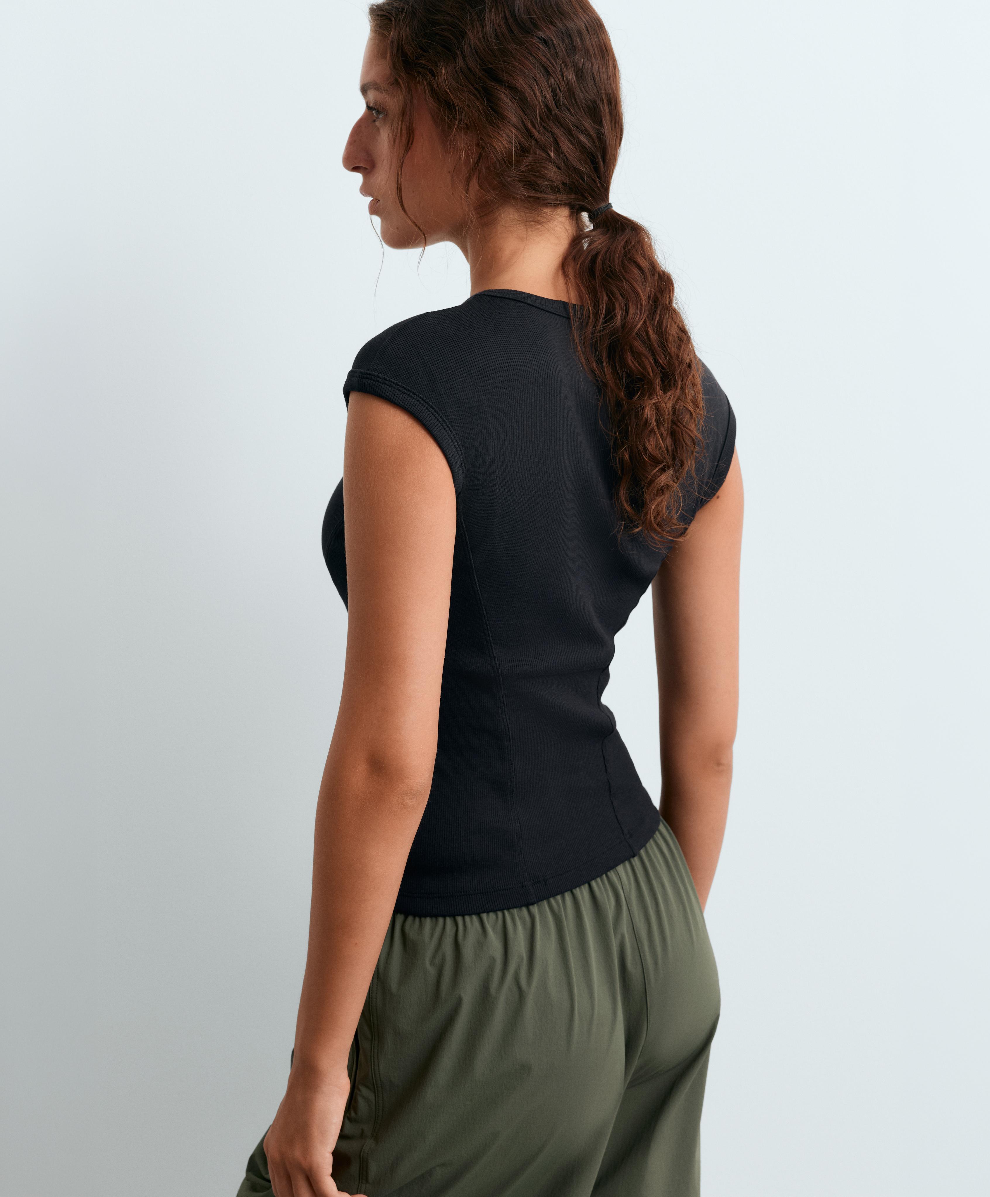 Short-sleeved rib top with cotton and modal — BLACK