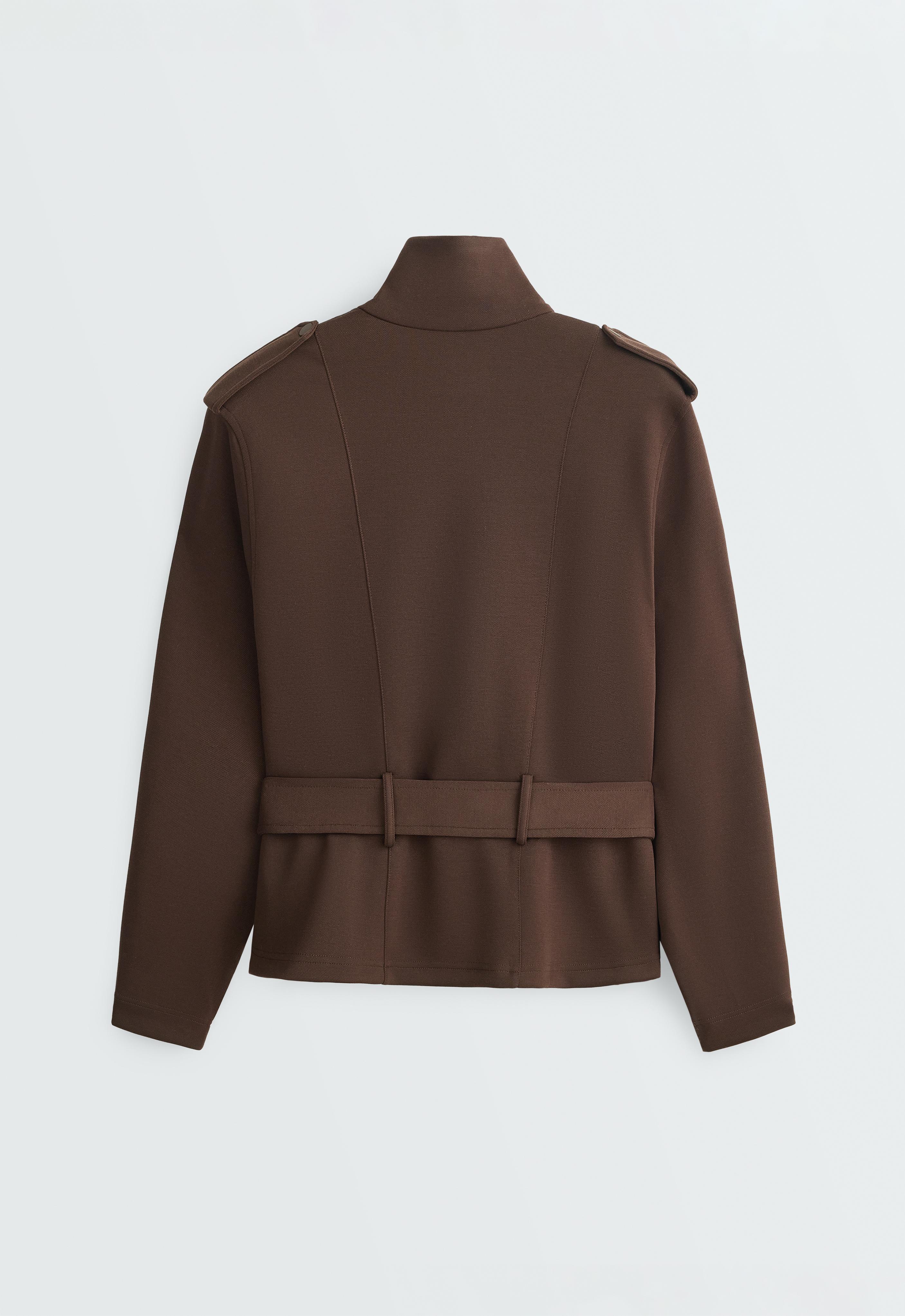 Cropped piqué utility jacket with belt — DARK BROWN