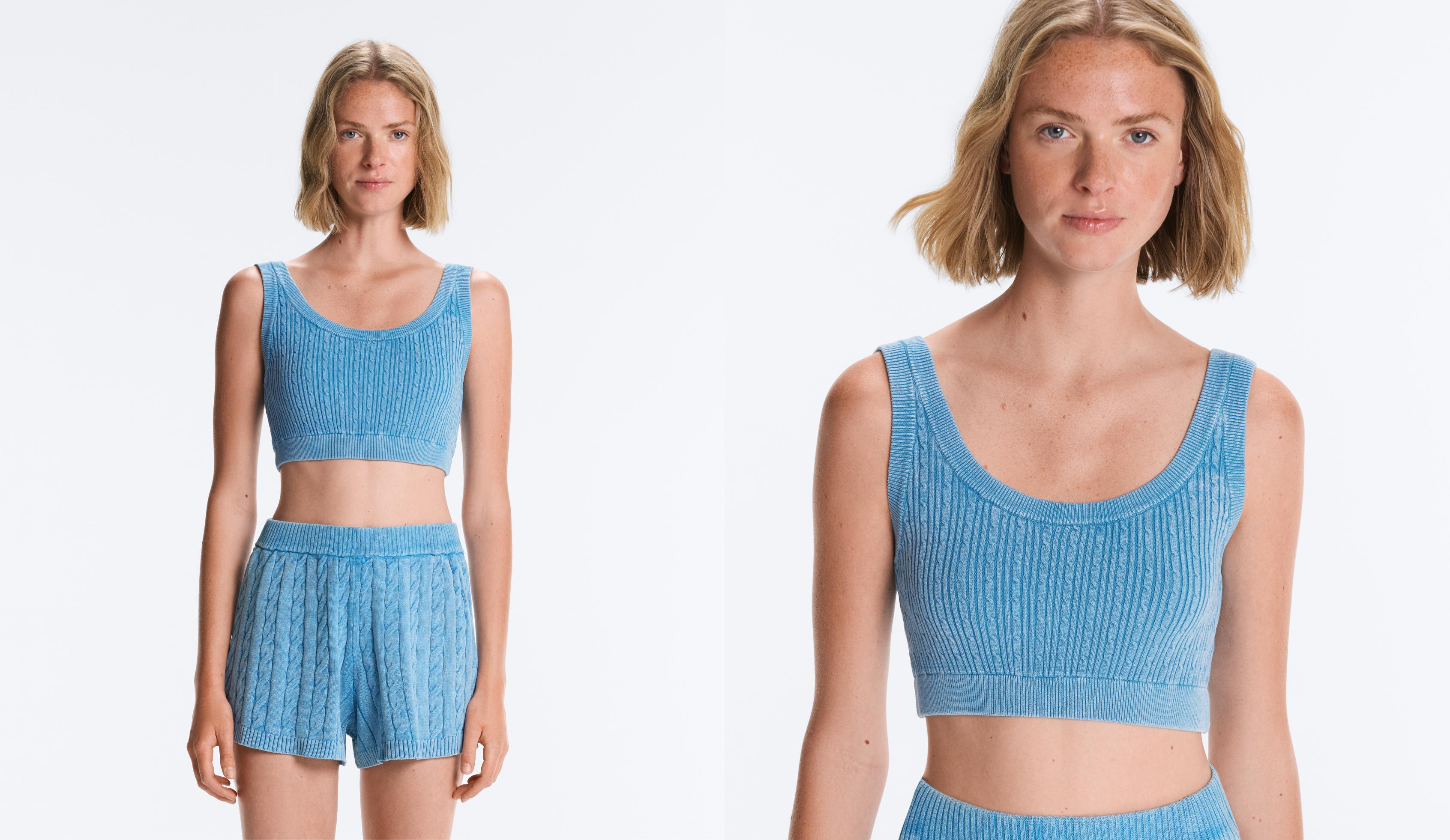 Washed knit crop cable strap T-shirt — WASHED SKY BLUE