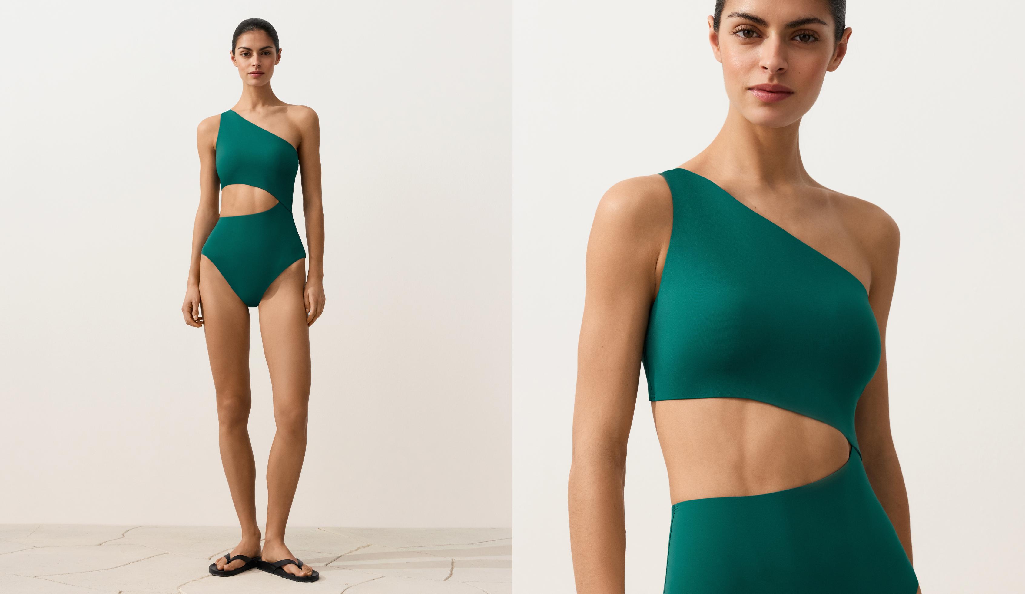 Asymmetric tie-detail trikini — EMERALD GREEN