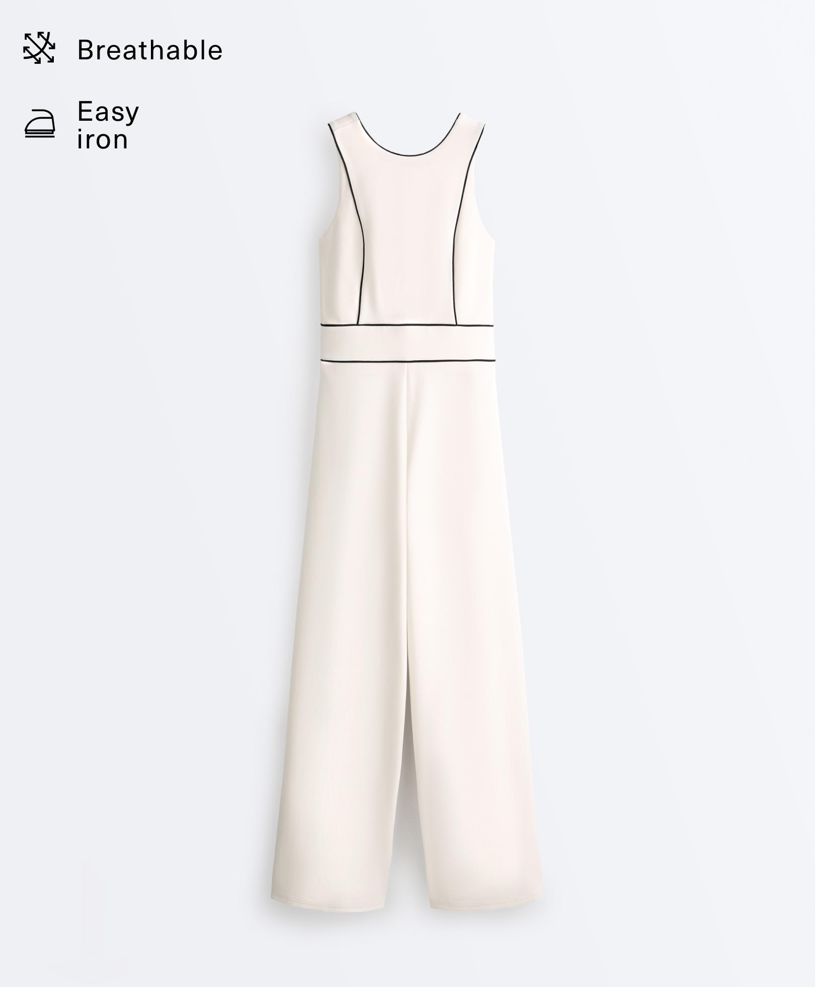 Long piping piqué jumpsuit with cotton — PALE ECRU