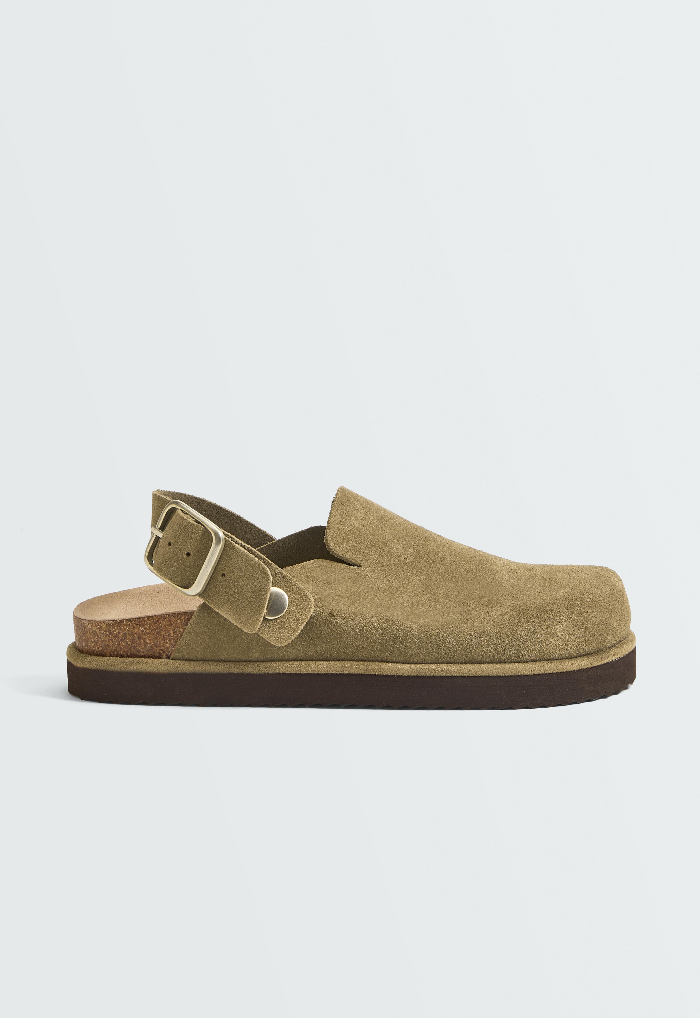 Split-leather buckled mules — KHAKI