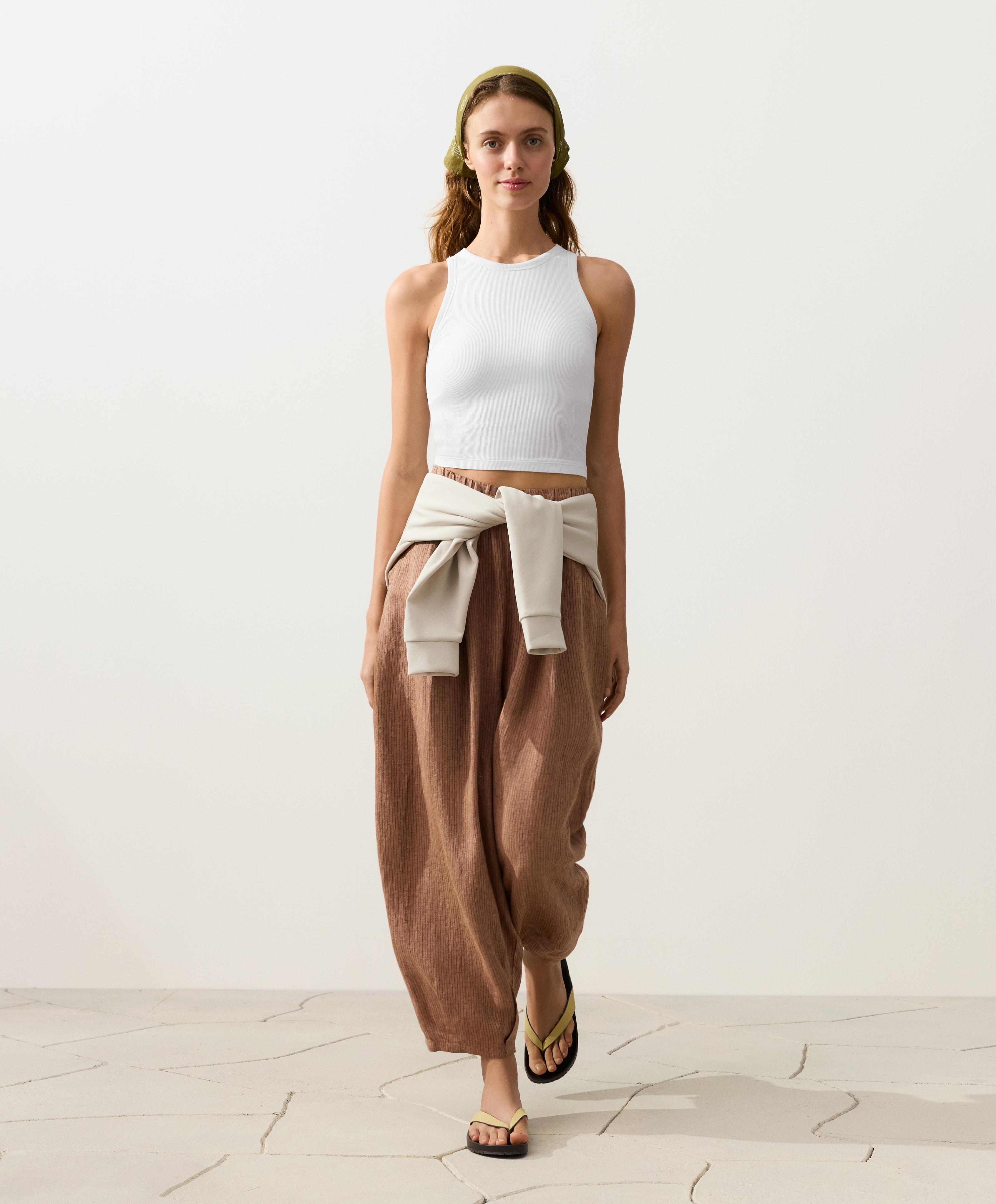 100% linen striped balloon trousers — TAN MELANGE