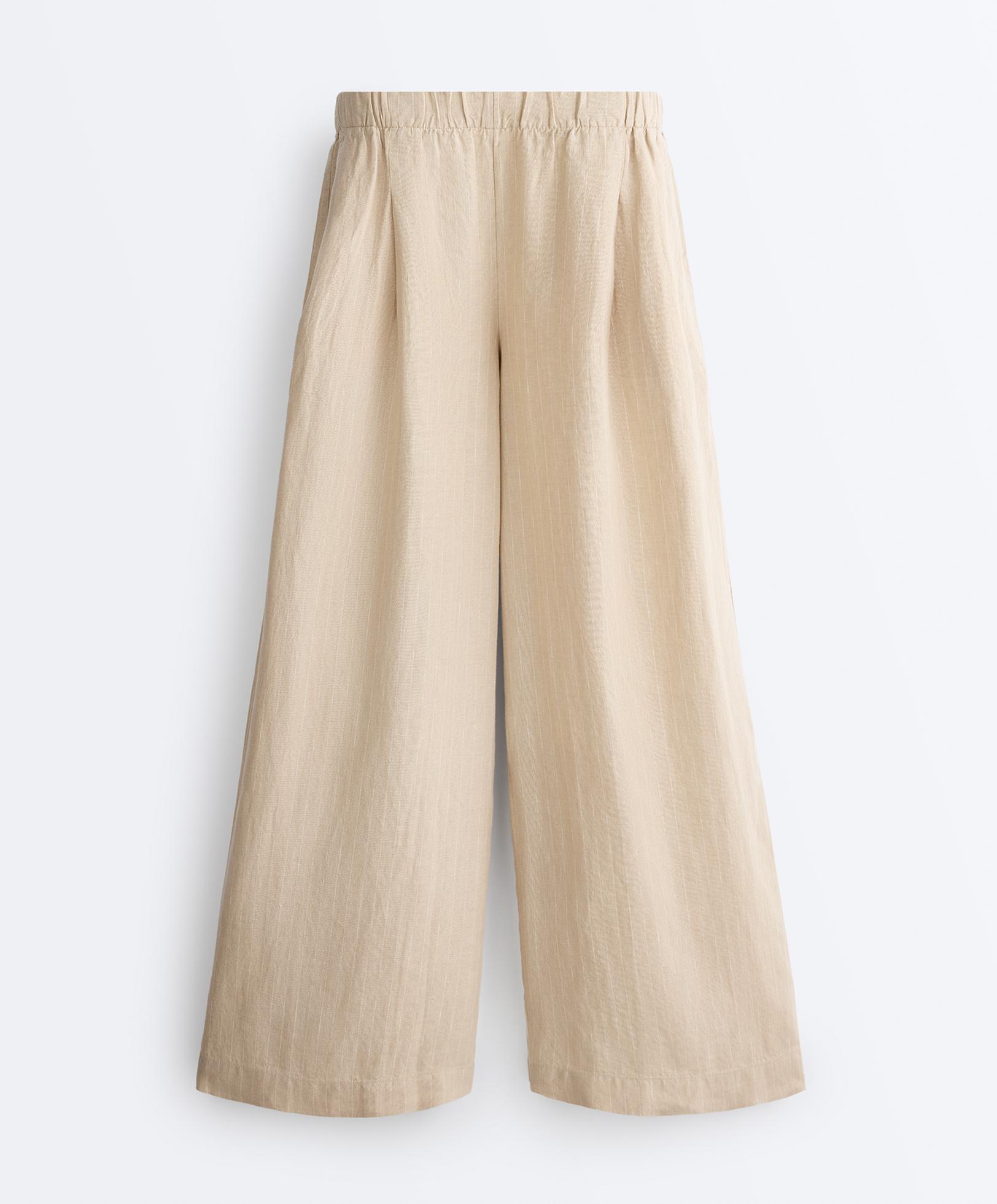 100% linen wide-leg striped trousers — SANDY