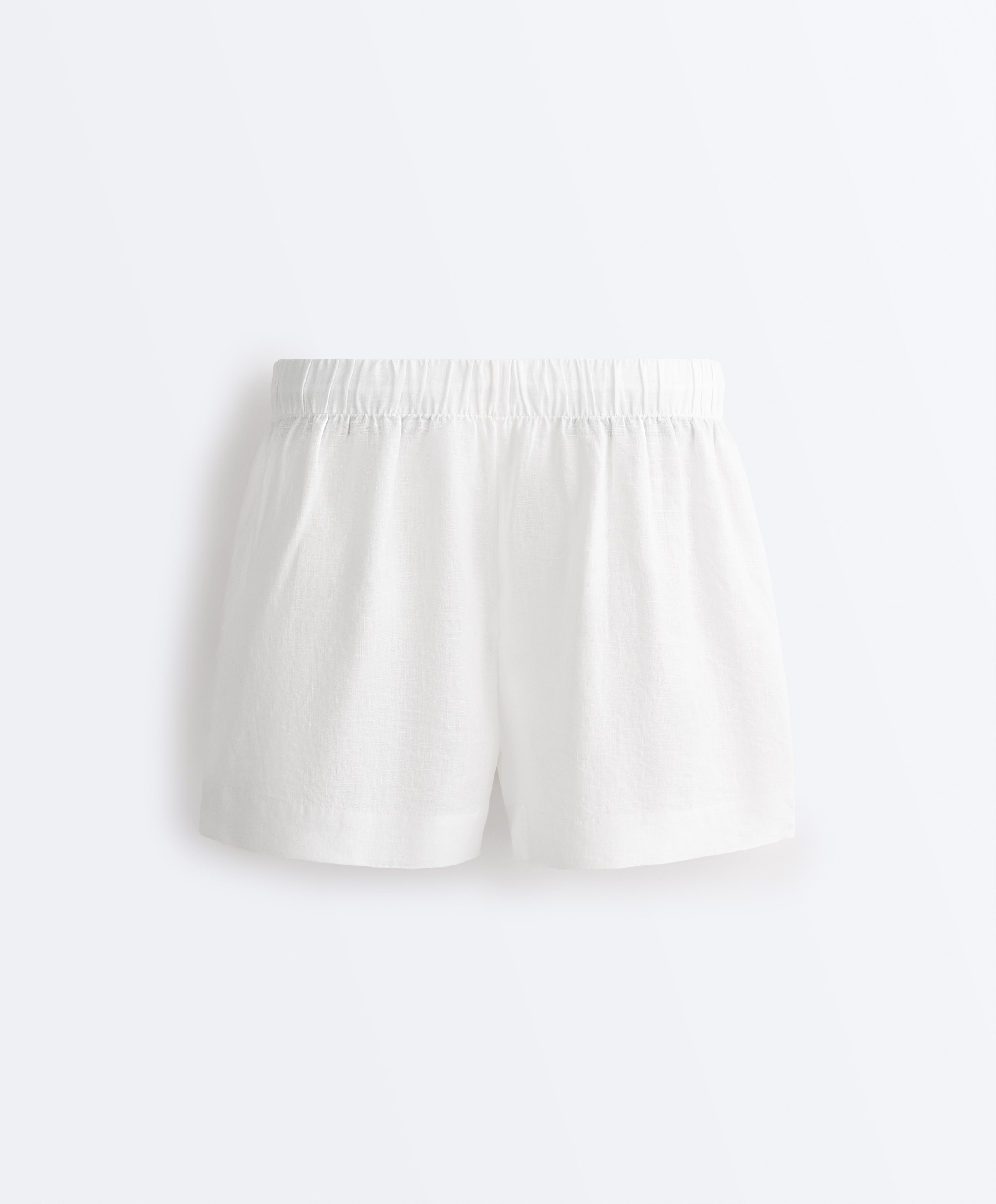 100% linen mid-rise shorts — WHITE