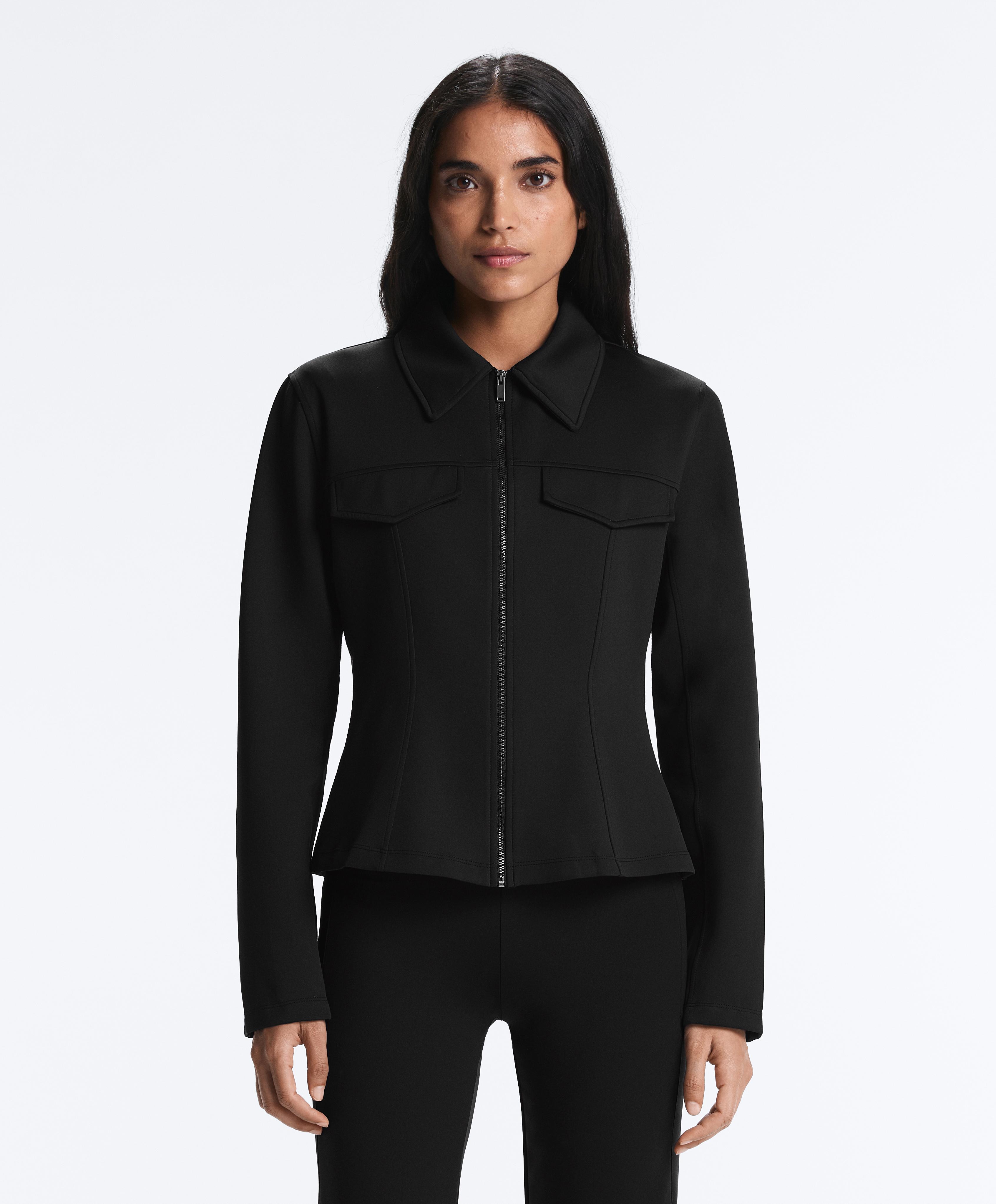Neoprene-effect peplum jacket with ribbing — BLACK