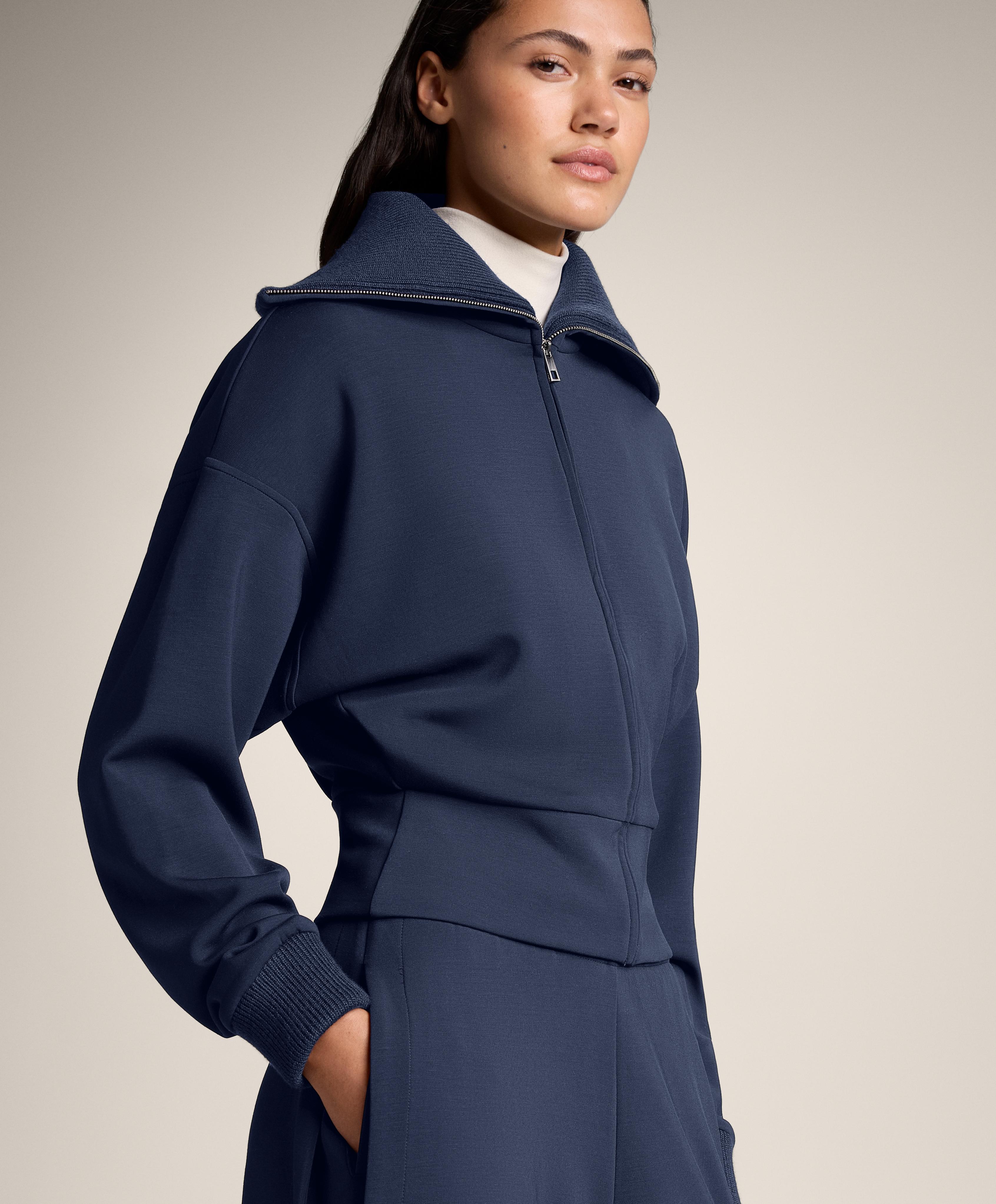 Fitted waist knit collar jacket with brushed modal — NAVY BLUE