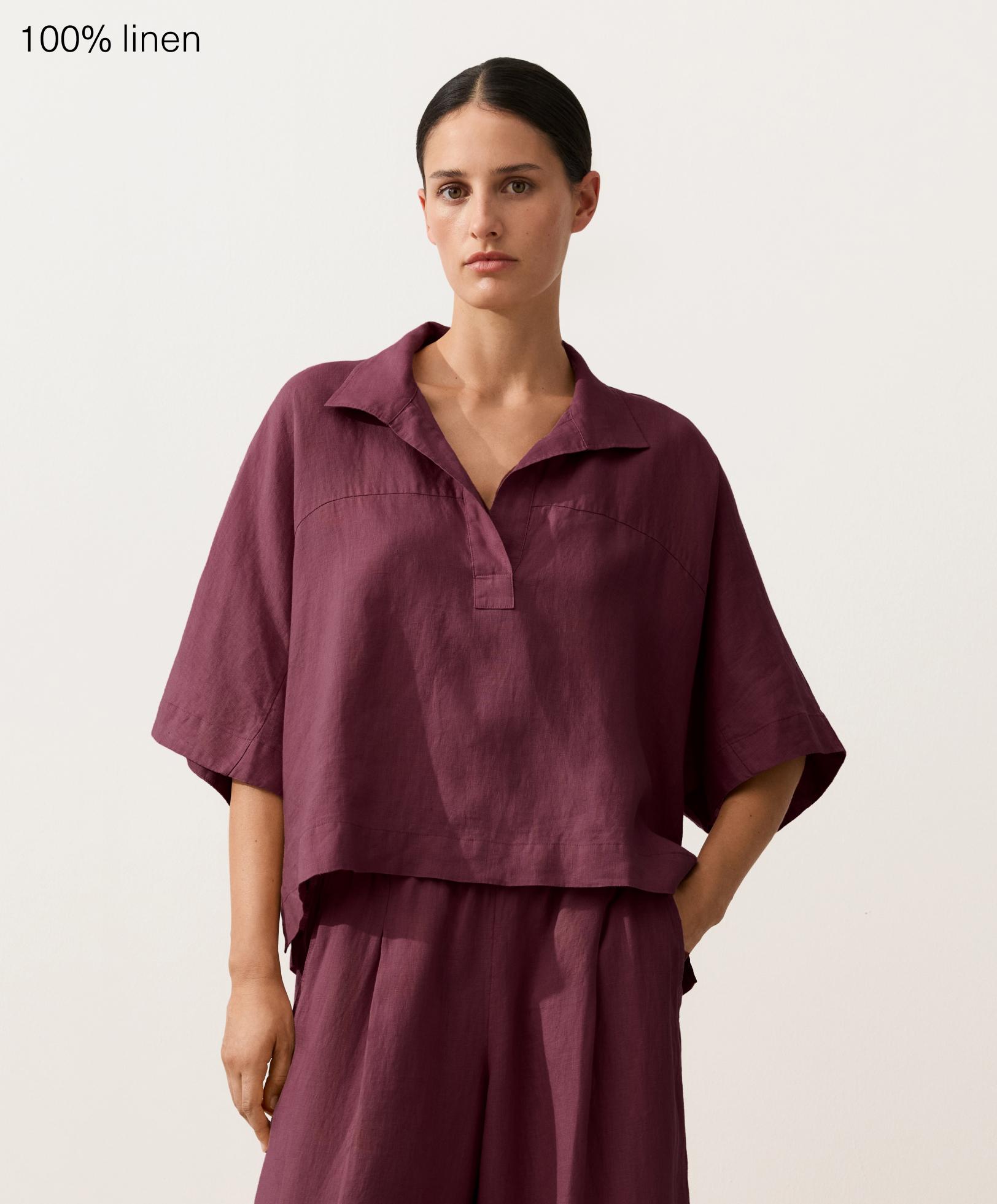 Oversize short-sleeved 100% linen shirt