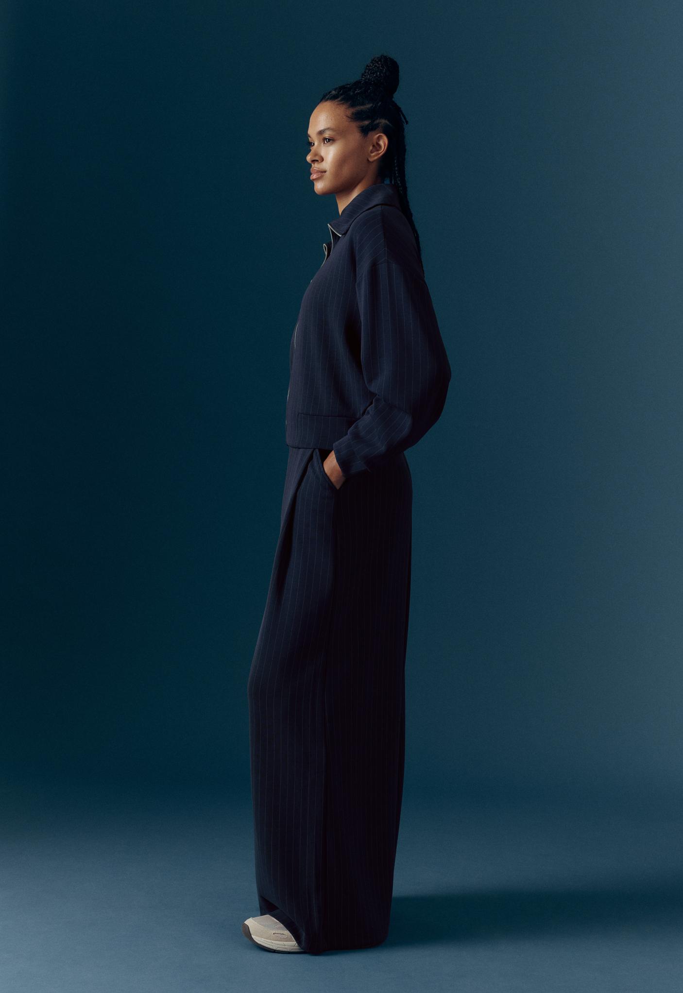 Modal pinstripe wide-leg trousers — NAVY BLUE