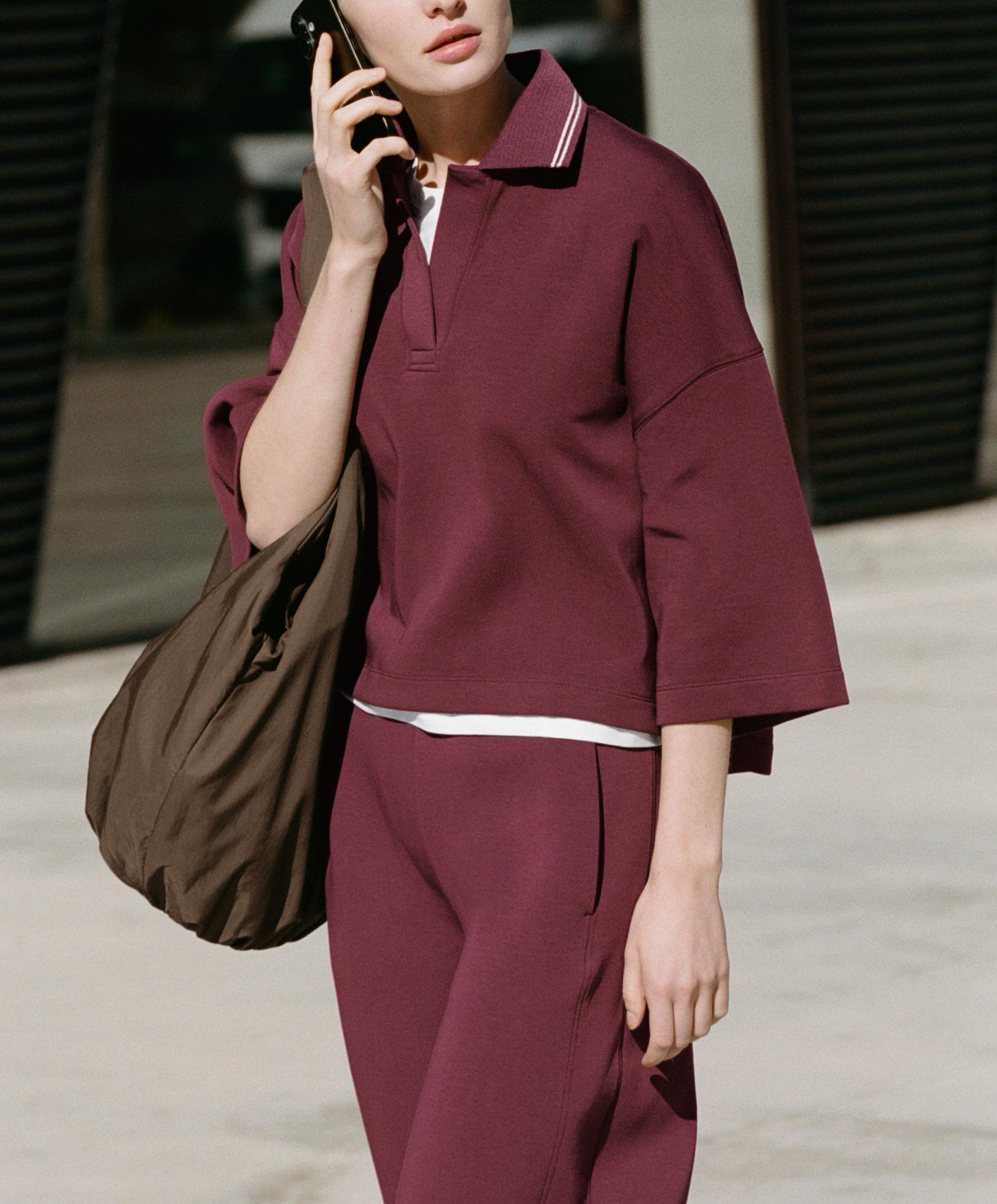 Cotton blend polo sweatshirt with wide sleeves — CHERRY