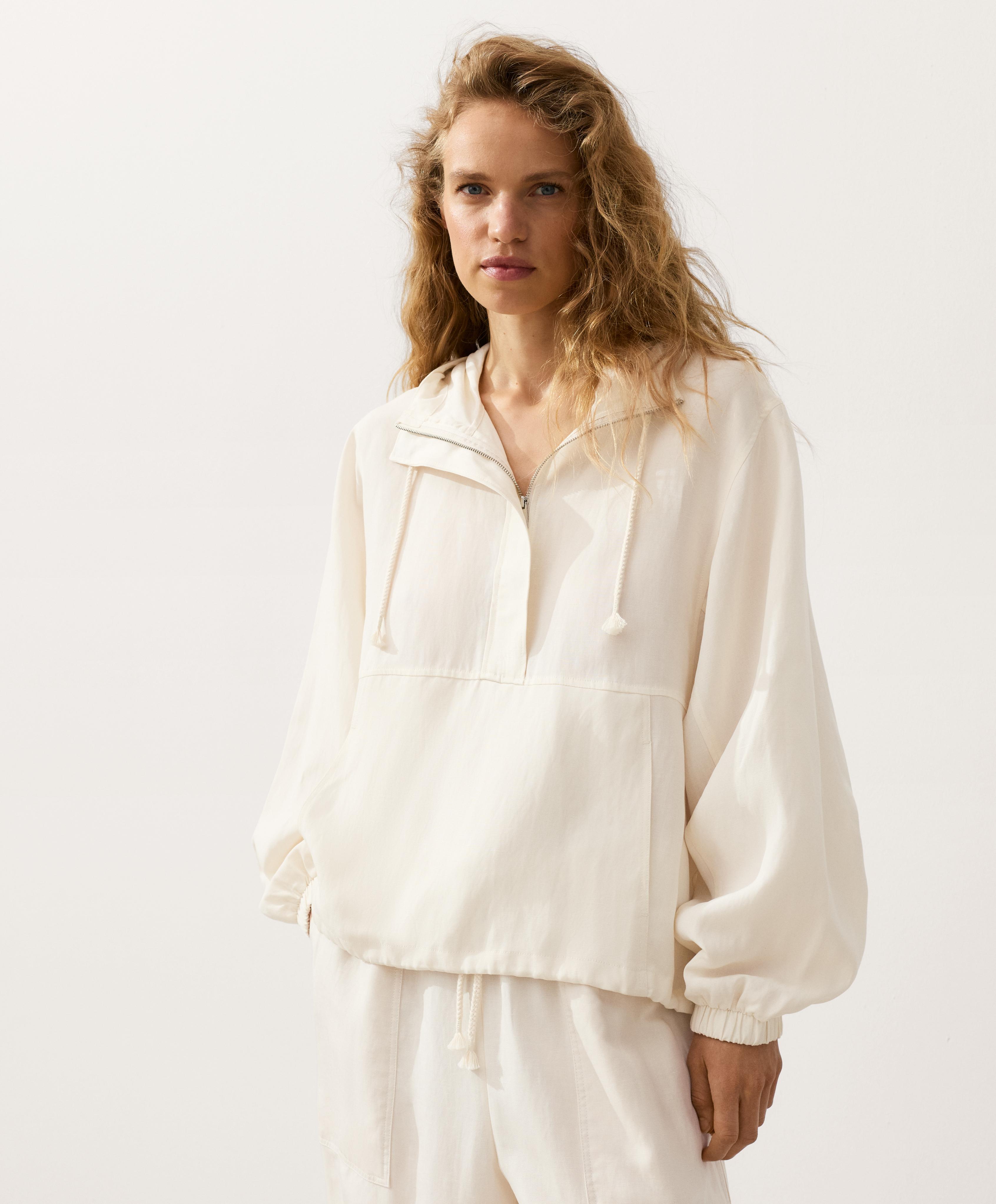 Half-zip sweatshirt with front pocket, lyocell and 24% linen blend — PALE ECRU