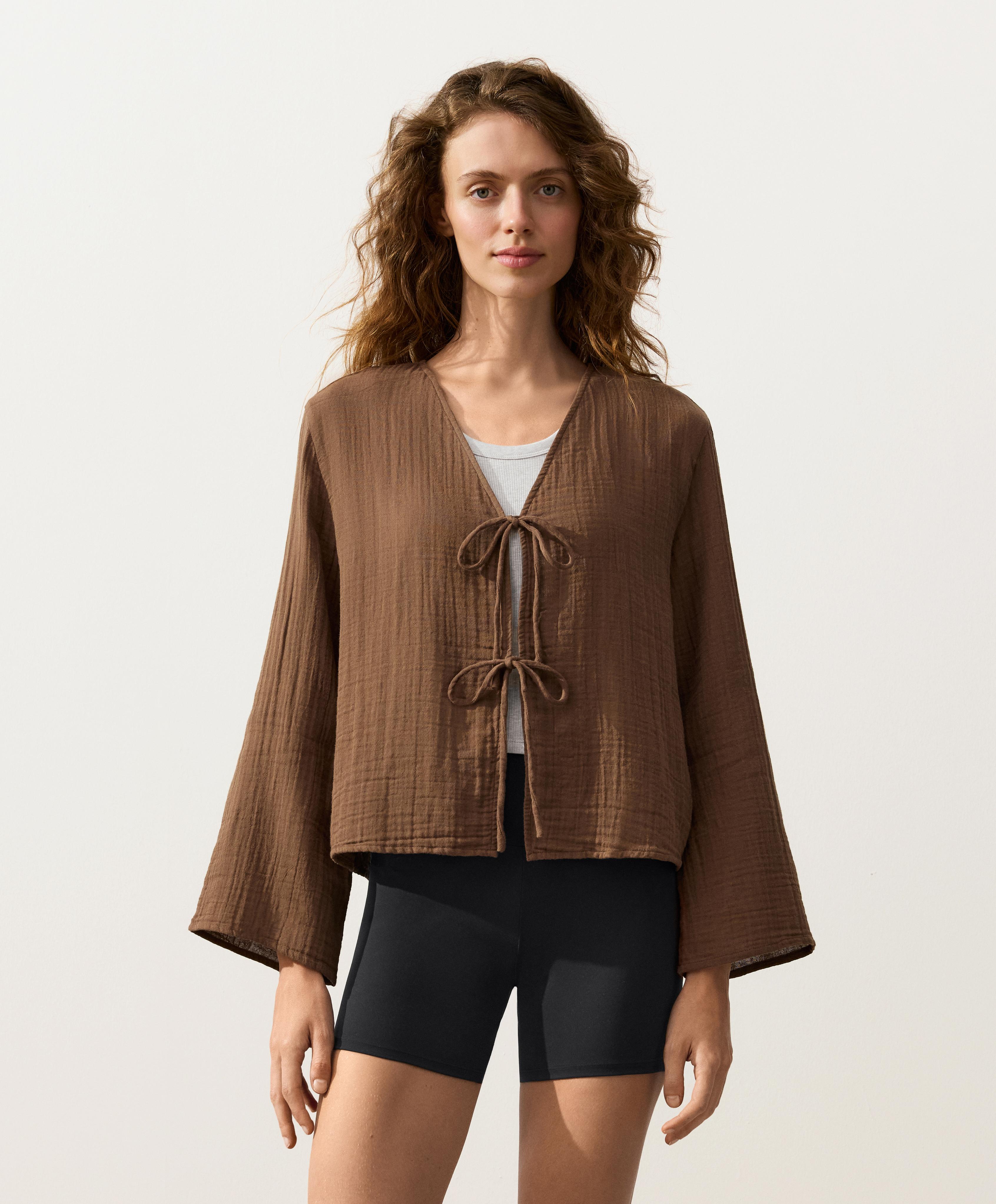 100% cotton gauze long-sleeved tie-front shirt — TAN