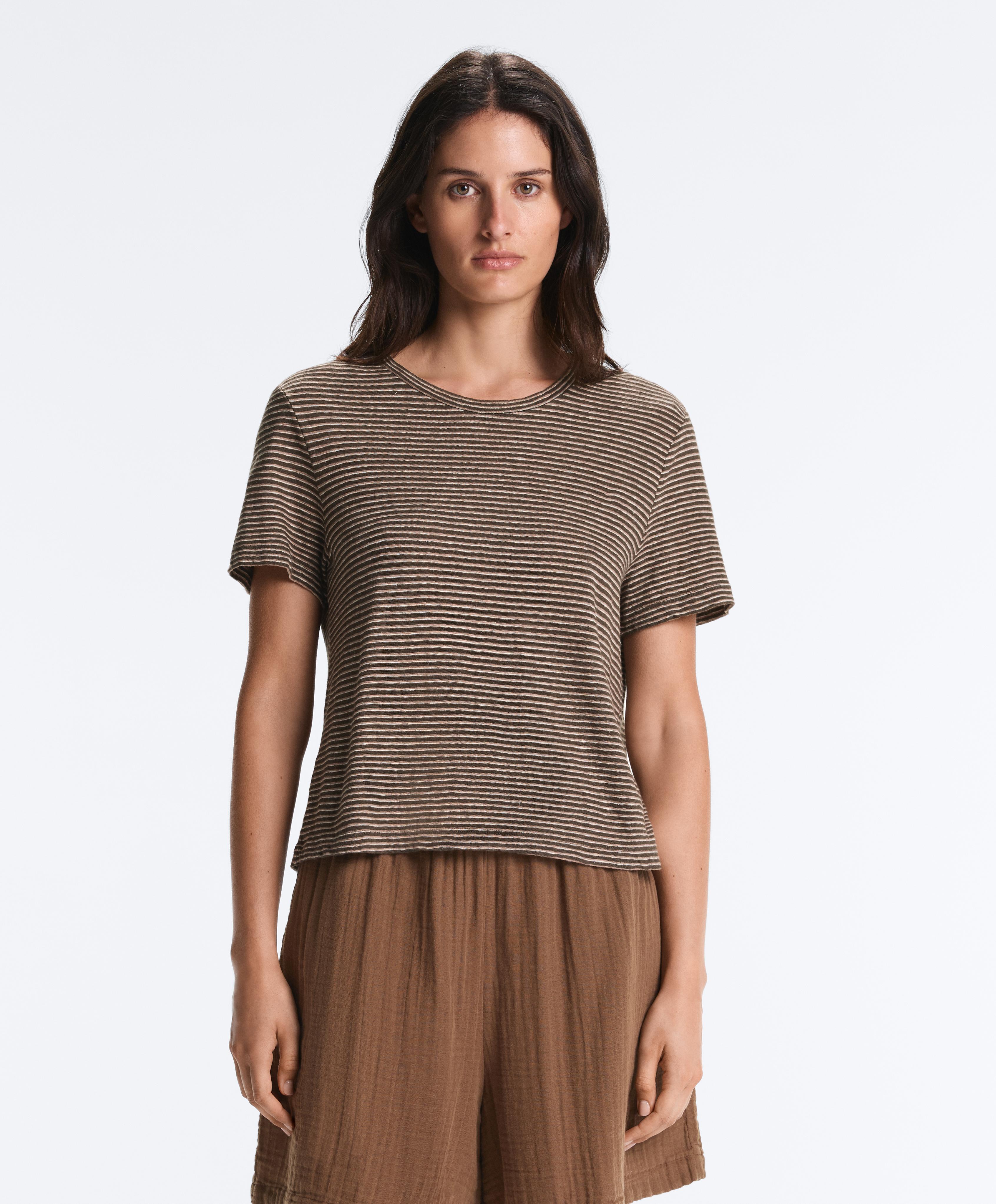 T-shirt ajusté en coton et lin à rayures