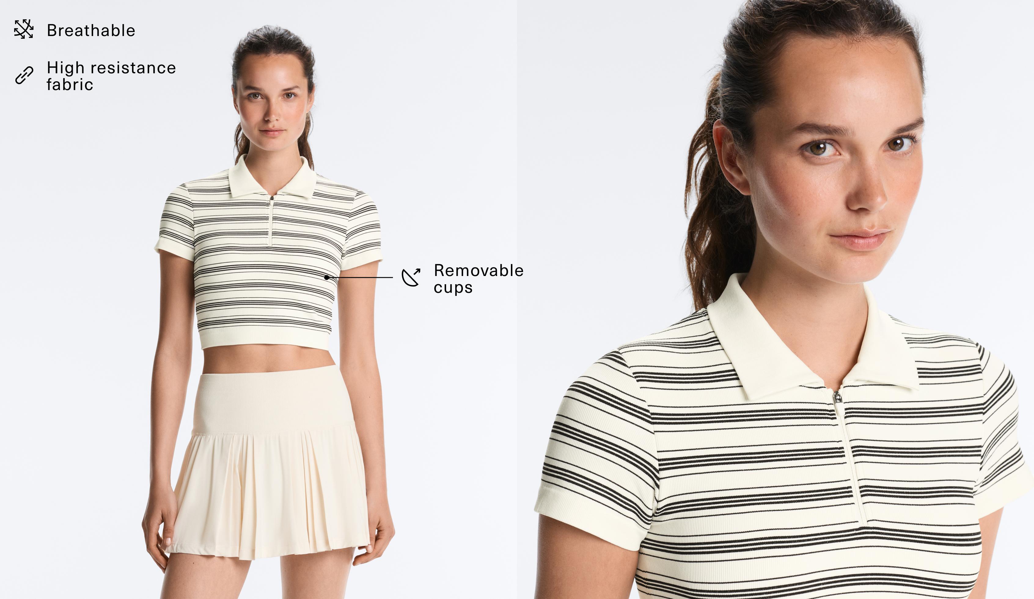 Striped seamless short-sleeved polo shirt — PALE ECRU