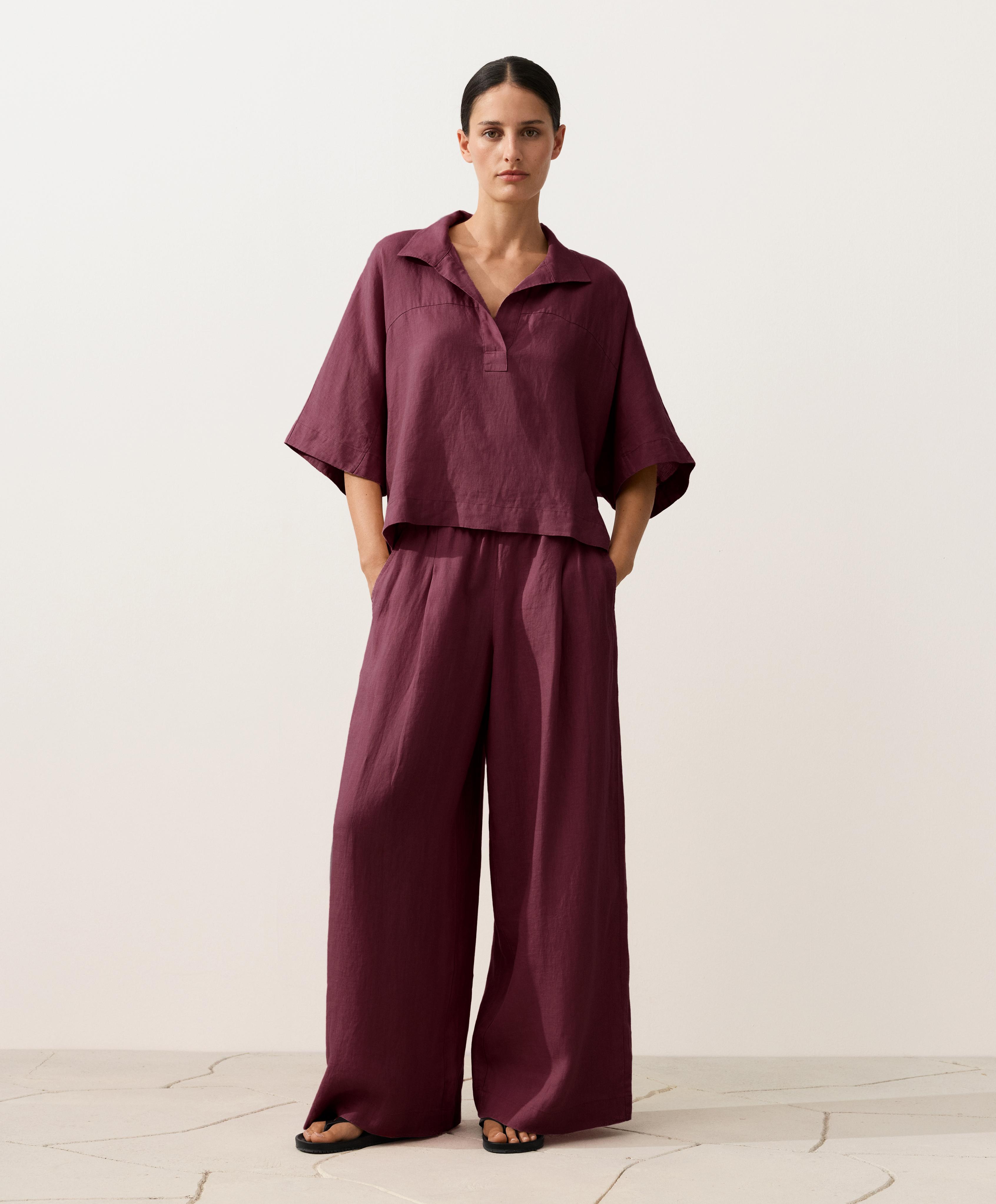 Oversize 100% linen polo shirt — CHERRY