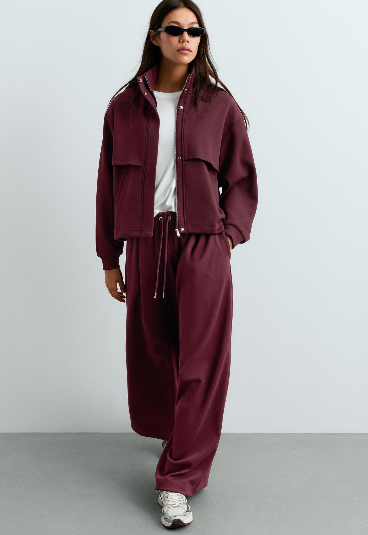 High-neck piqué jacket with cotton — BURGUNDY