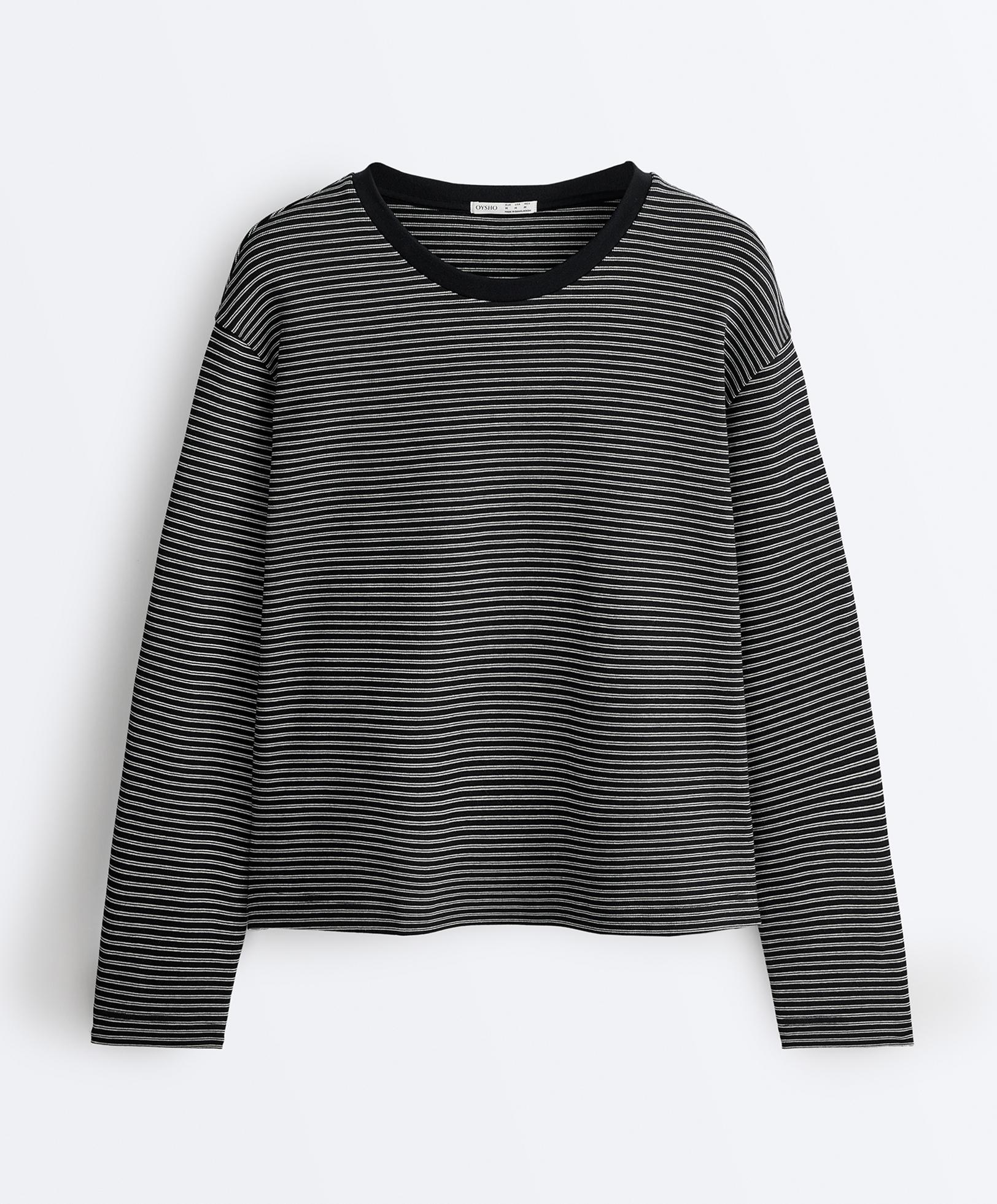 Striped cotton blend long sleeve relaxed T-shirt — BLACK