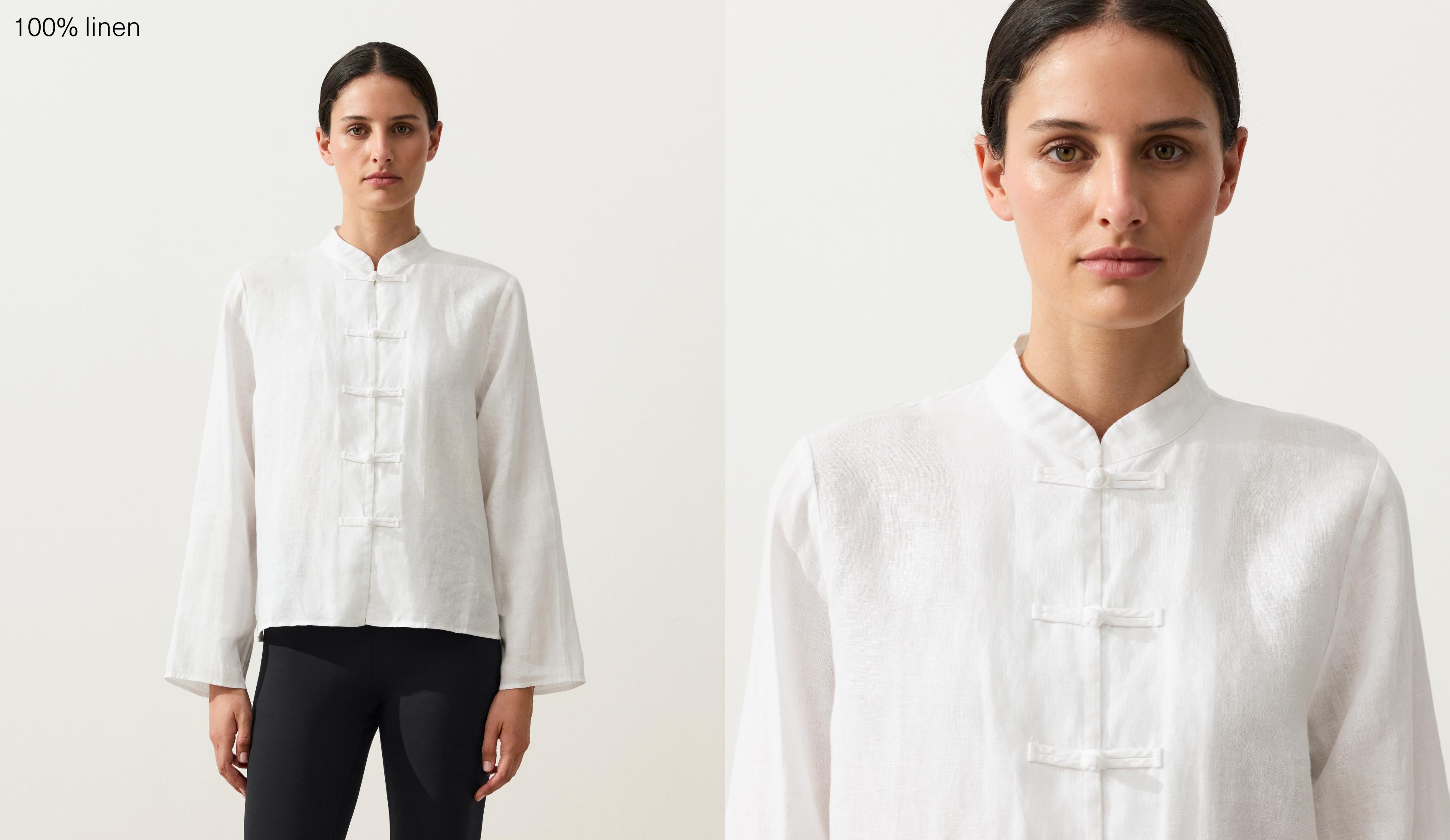 100% linen stand-up collar shirt — WHITE
