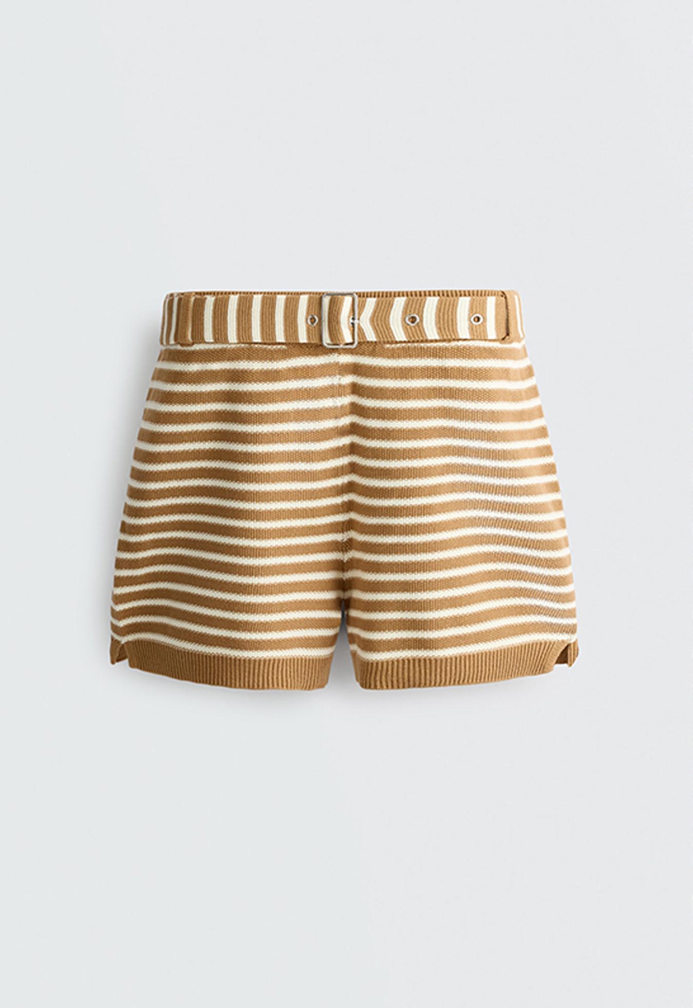 100% cotton striped knit shorts with belt — PALE ECRU