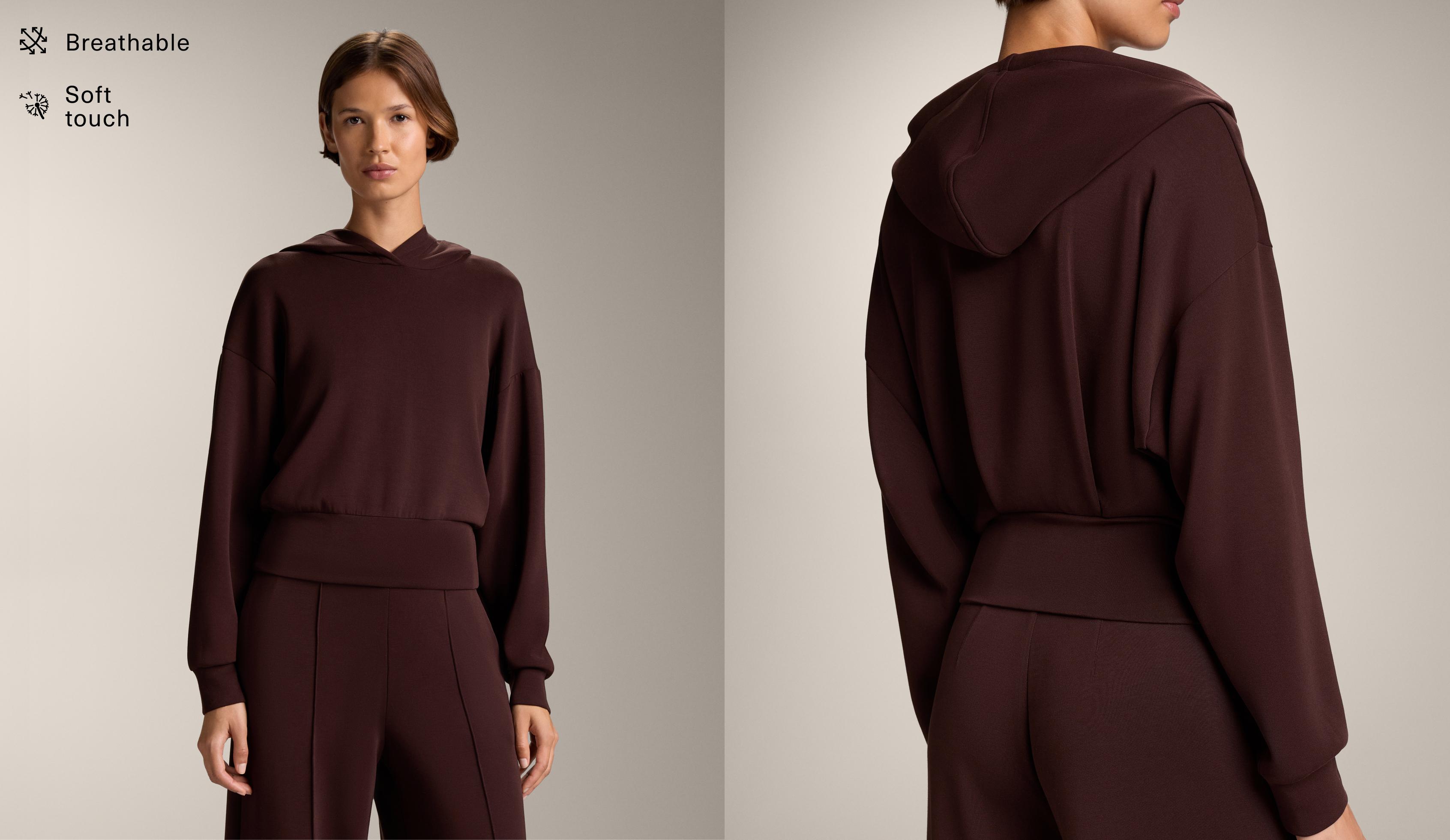 Crop-sweatshirt met capuchon en aansluitende taille van zachte modal