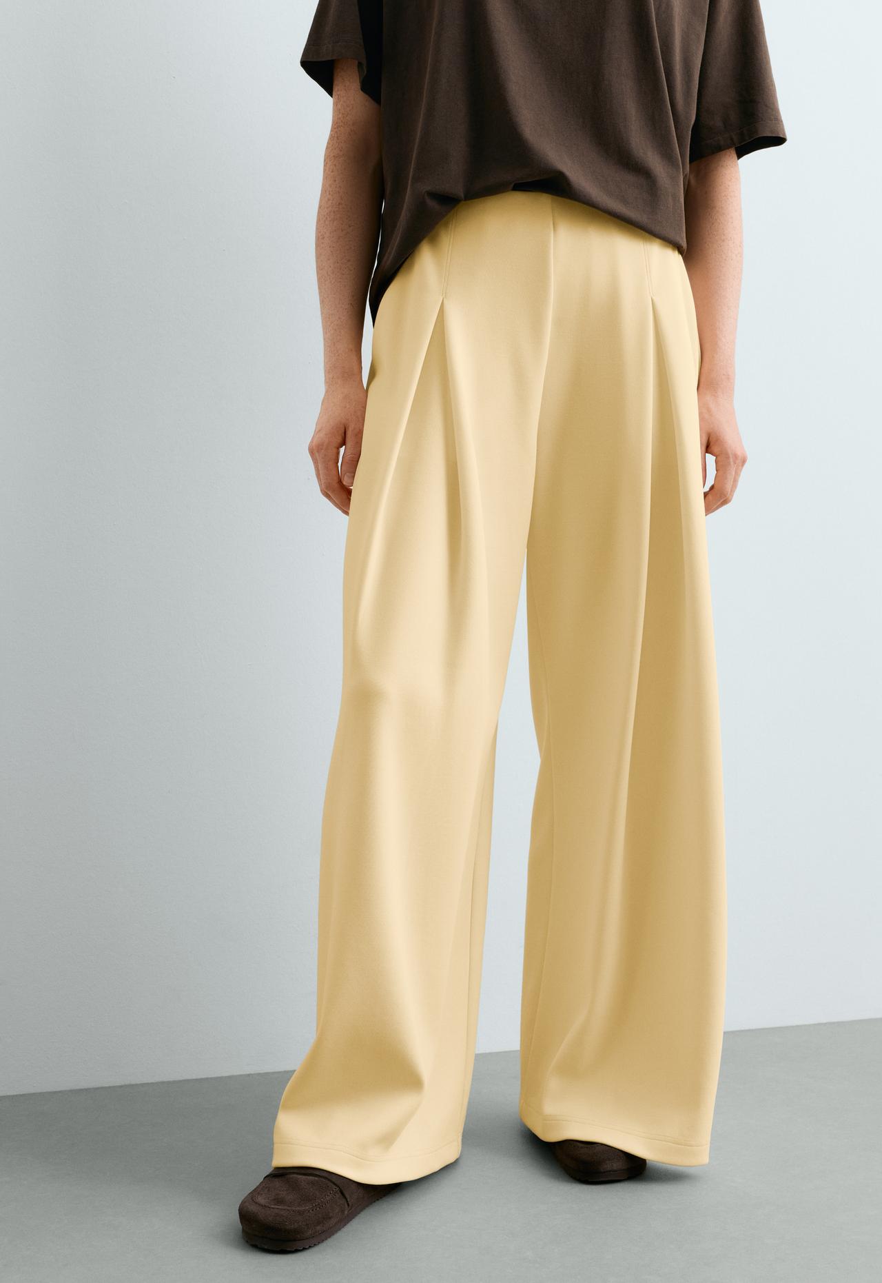Wide-leg pique trousers with cotton — PALE YELLOW