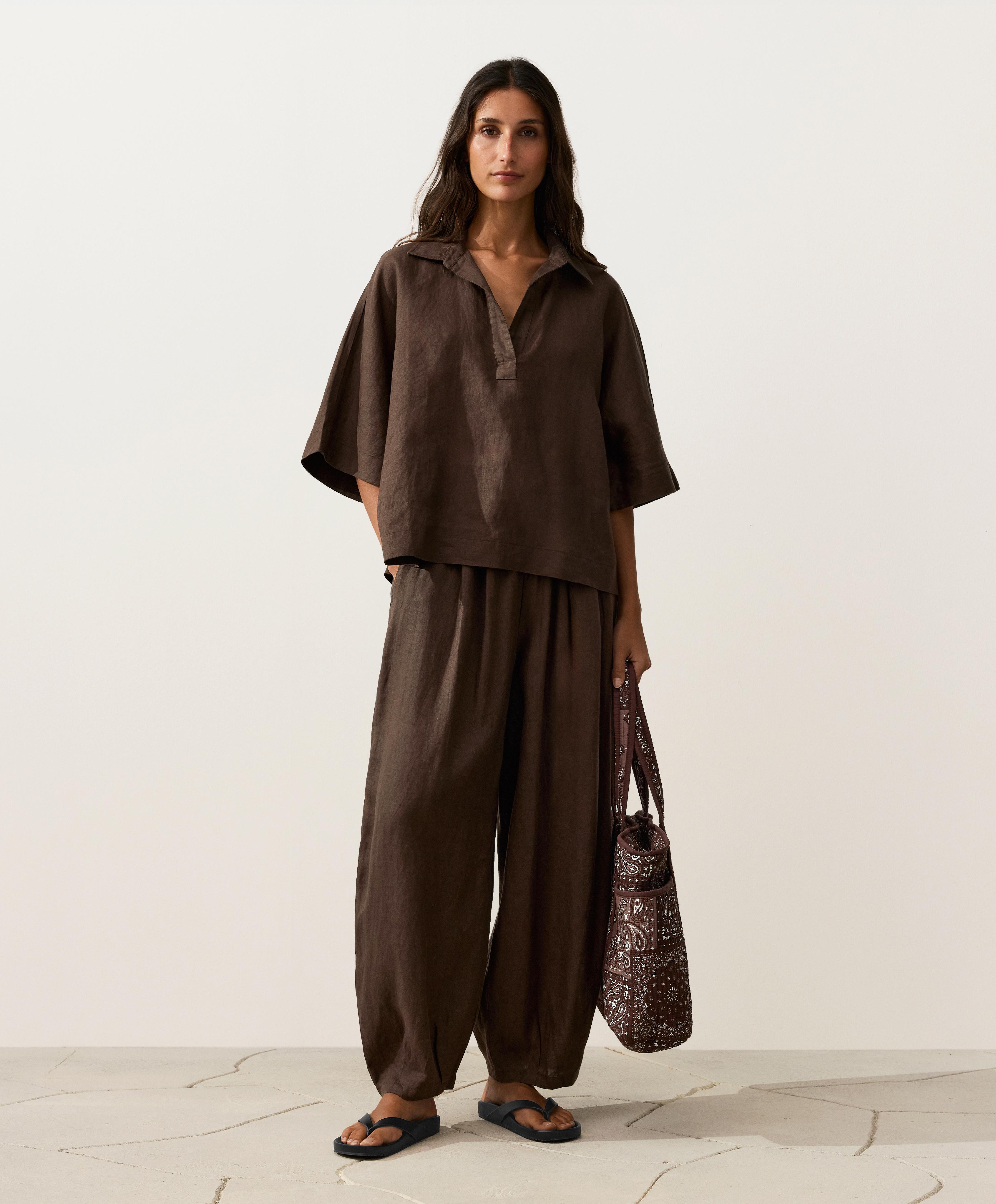 Oversize 100% linen polo shirt — DARK BROWN