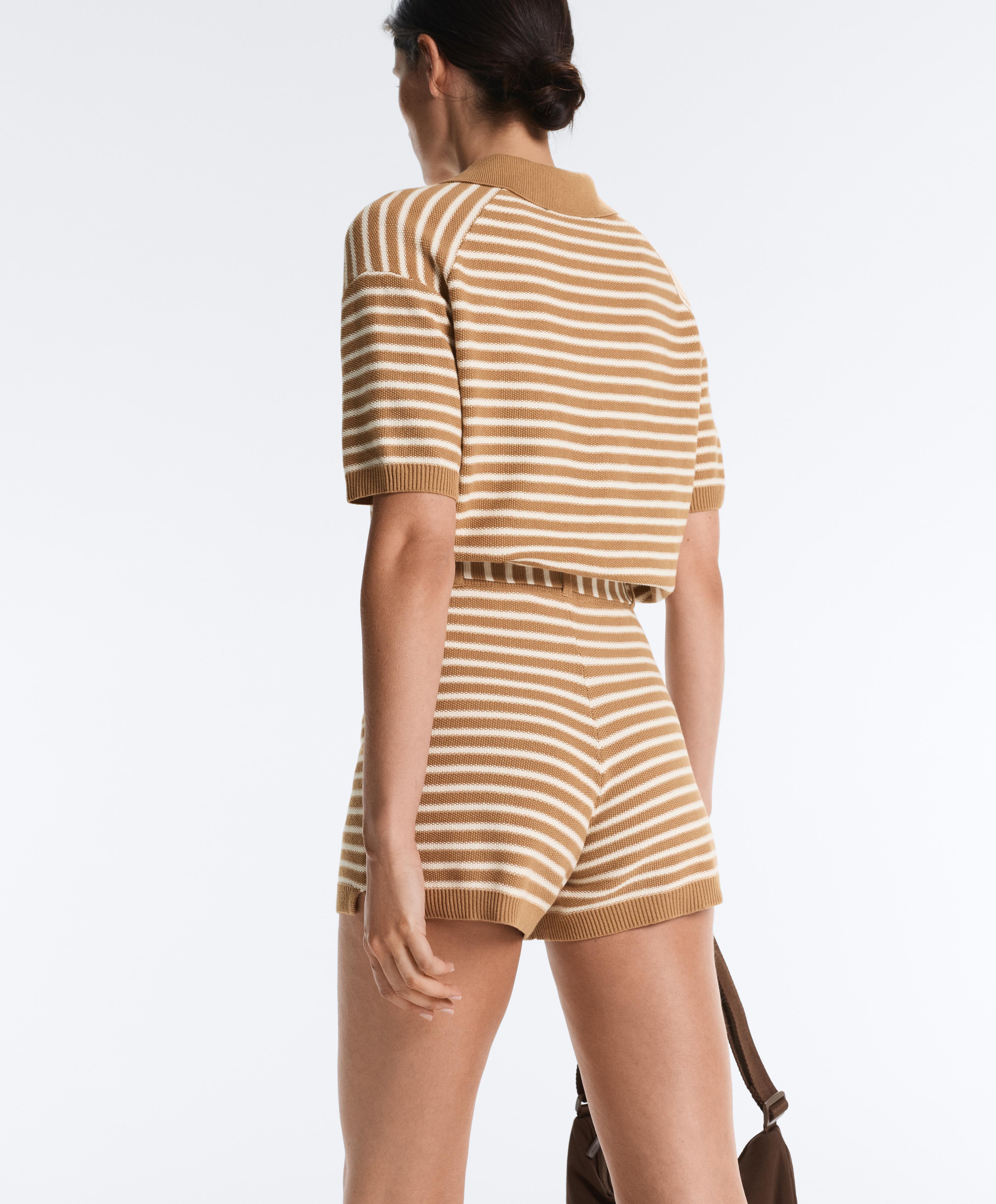 100% cotton striped knit shorts with belt — PALE ECRU