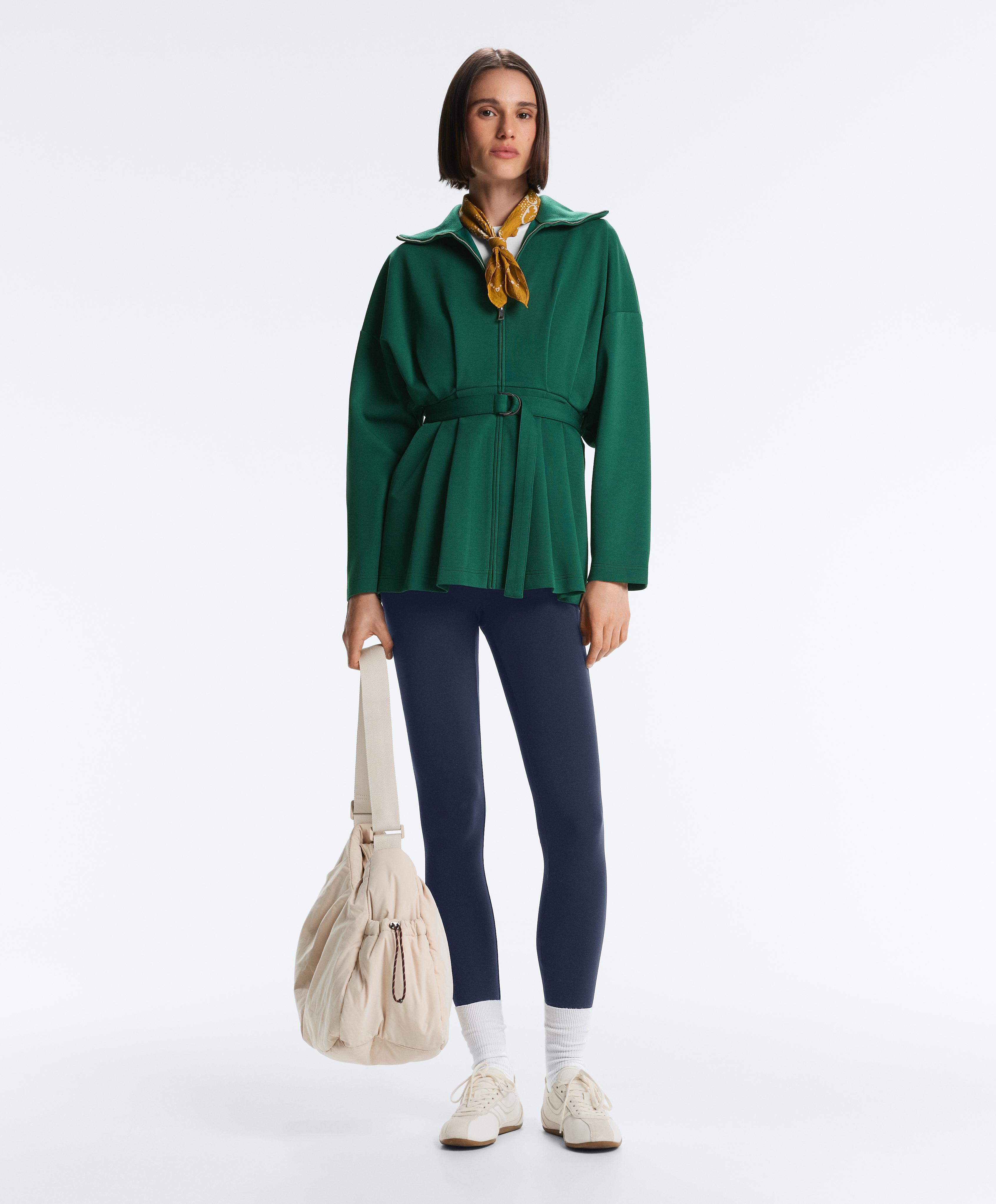 Long piqué jacket with belt and pleat detail Long piqué jacket with belt and pleat detail