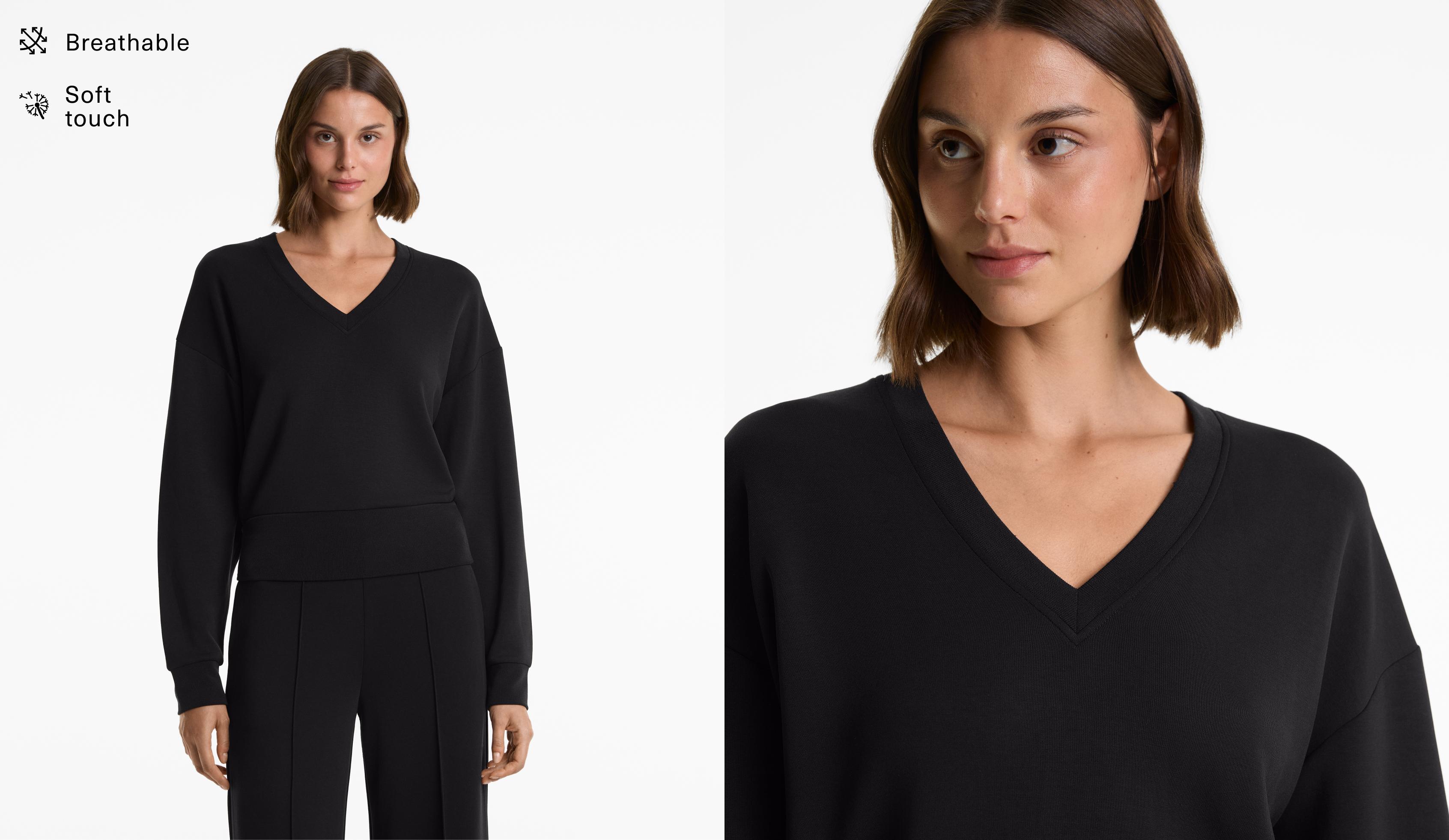 V-neck fitted waist sweatshirt with soft-feel modal