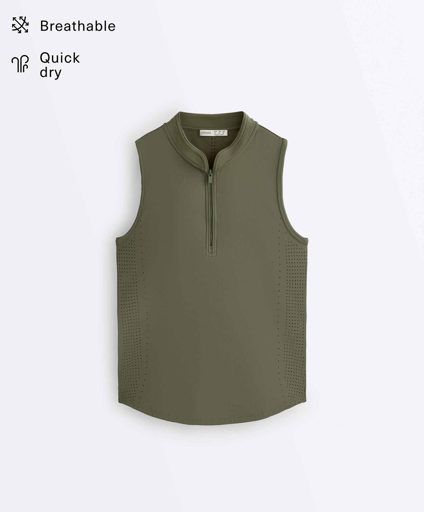 Technical sleeveless T-shirt with half zip — KHAKI