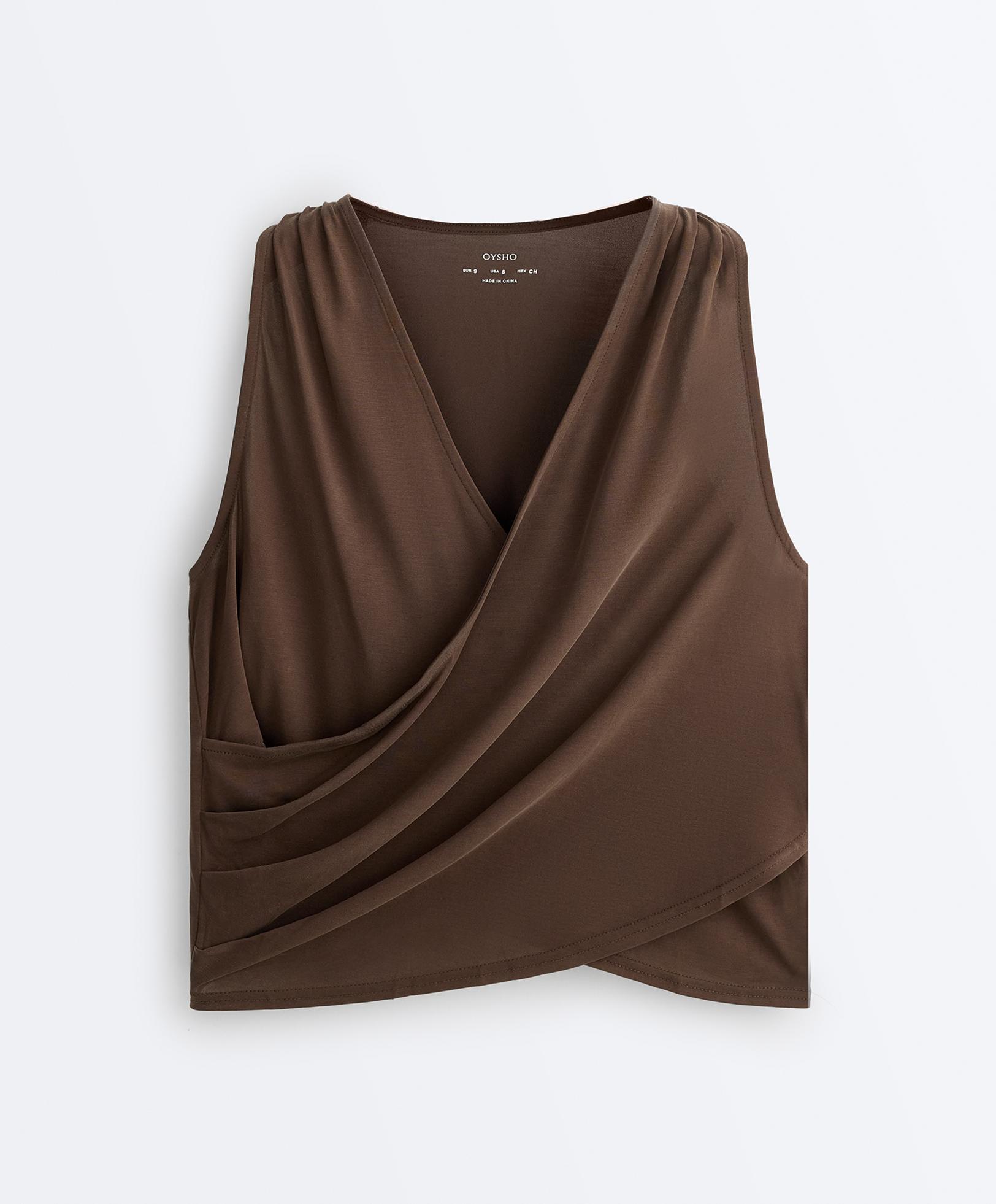 Modal blend crossover sleeveless T-shirt — DARK BROWN