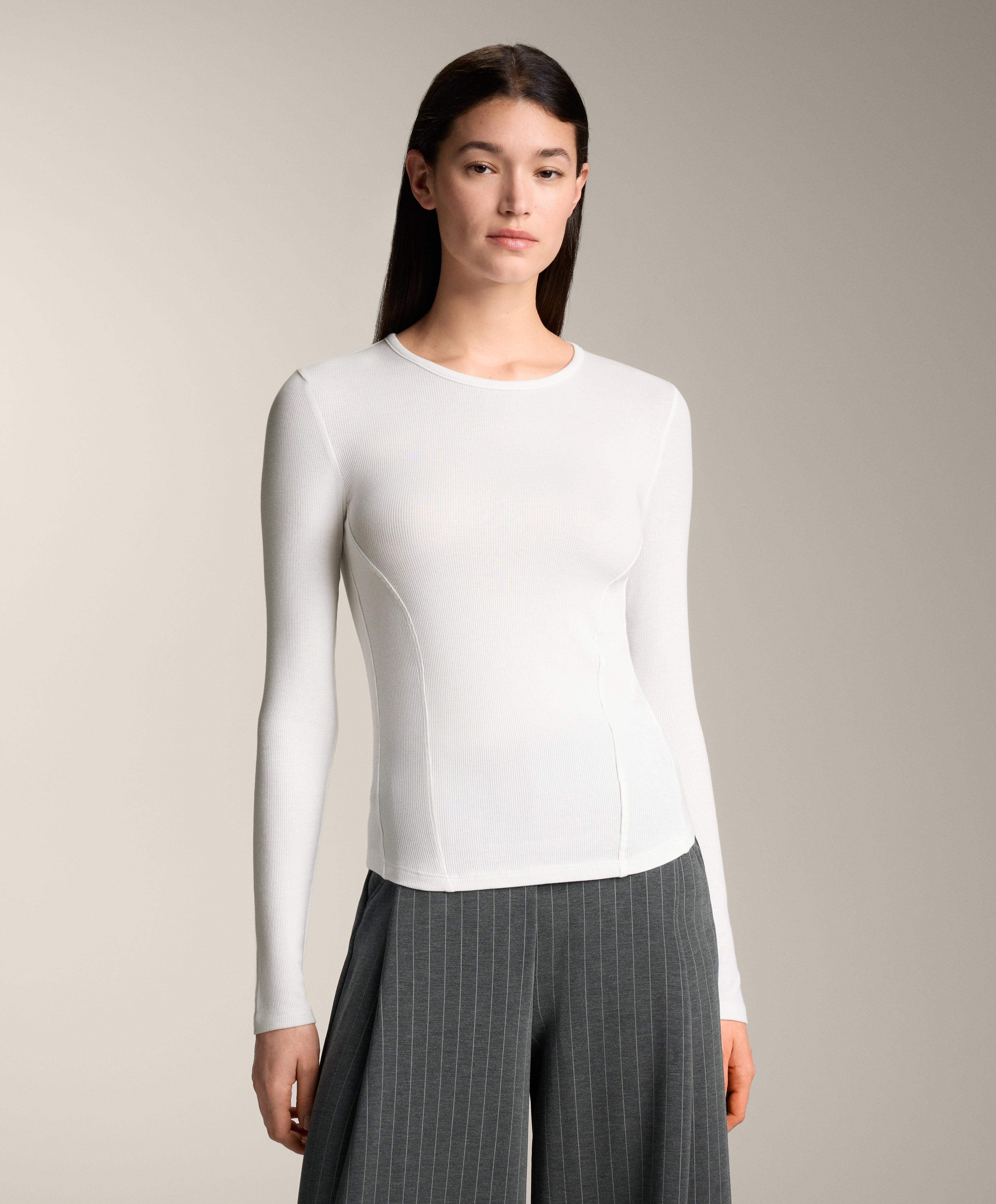 Fitted long sleeve rib T-shirt with cotton and modal — WHITE 