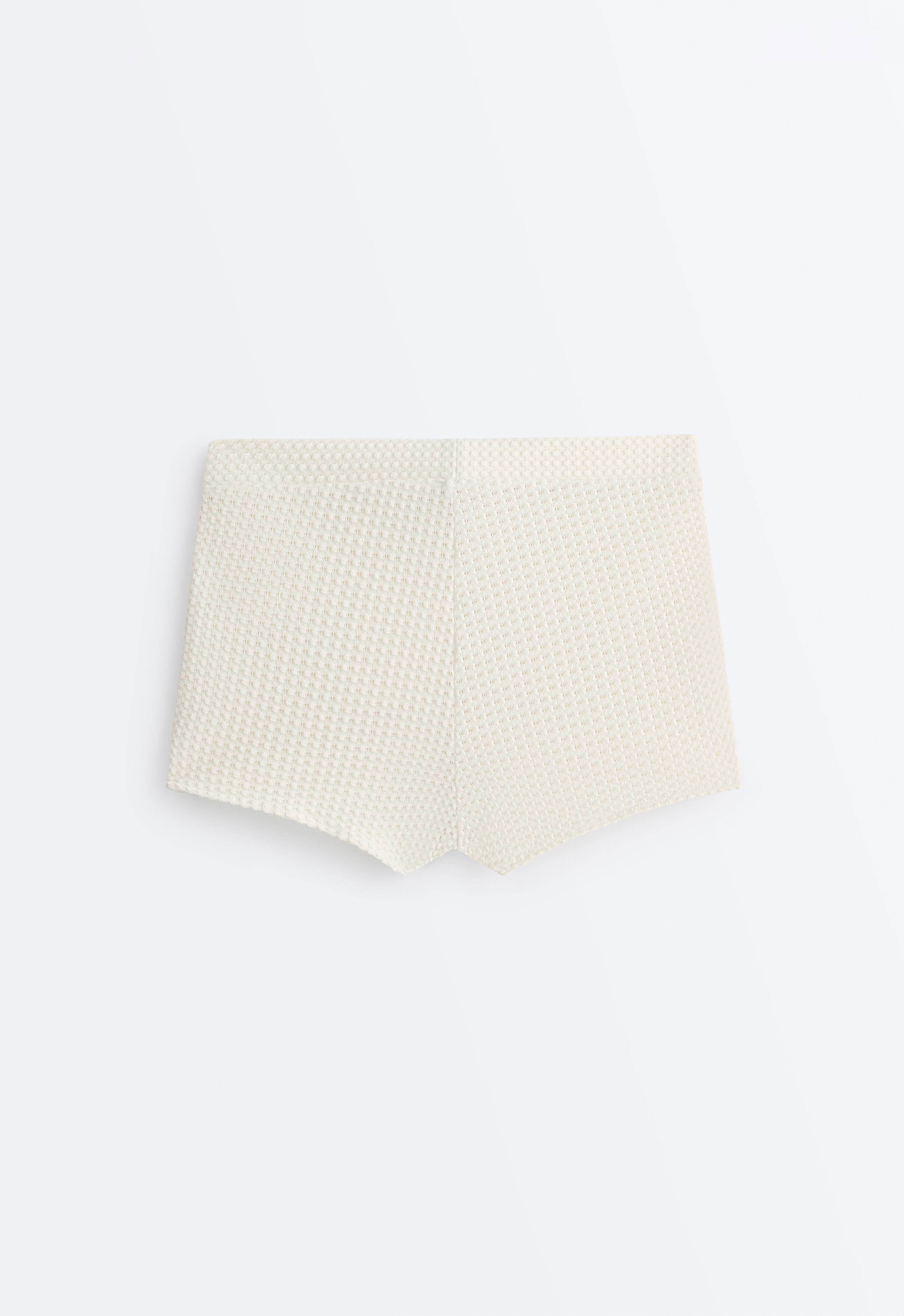 Bubble-texture crochet high-waisted bikini shorts — ECRU