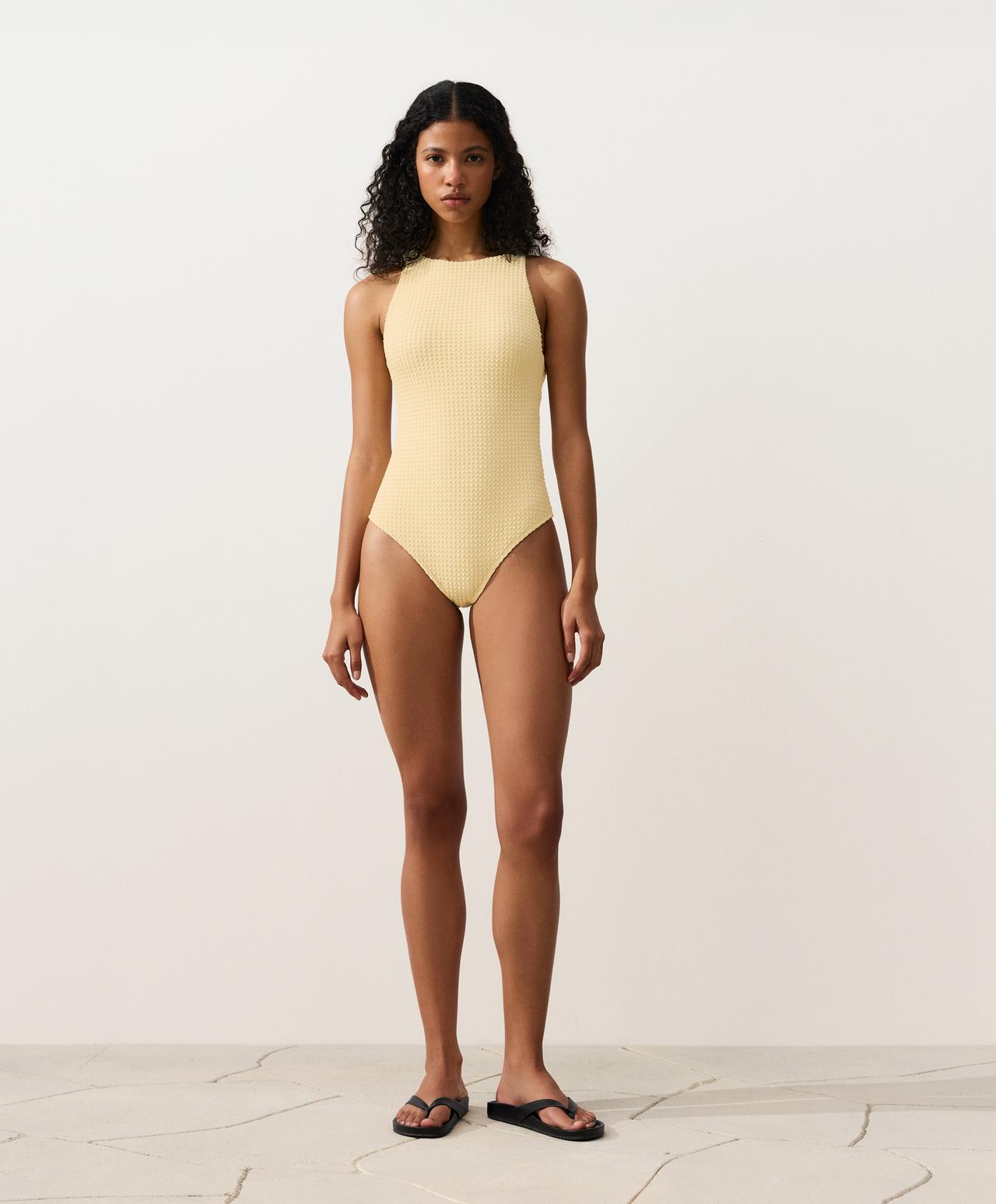 Bubble-texture crochet halter swimsuit — PALE YELLOW