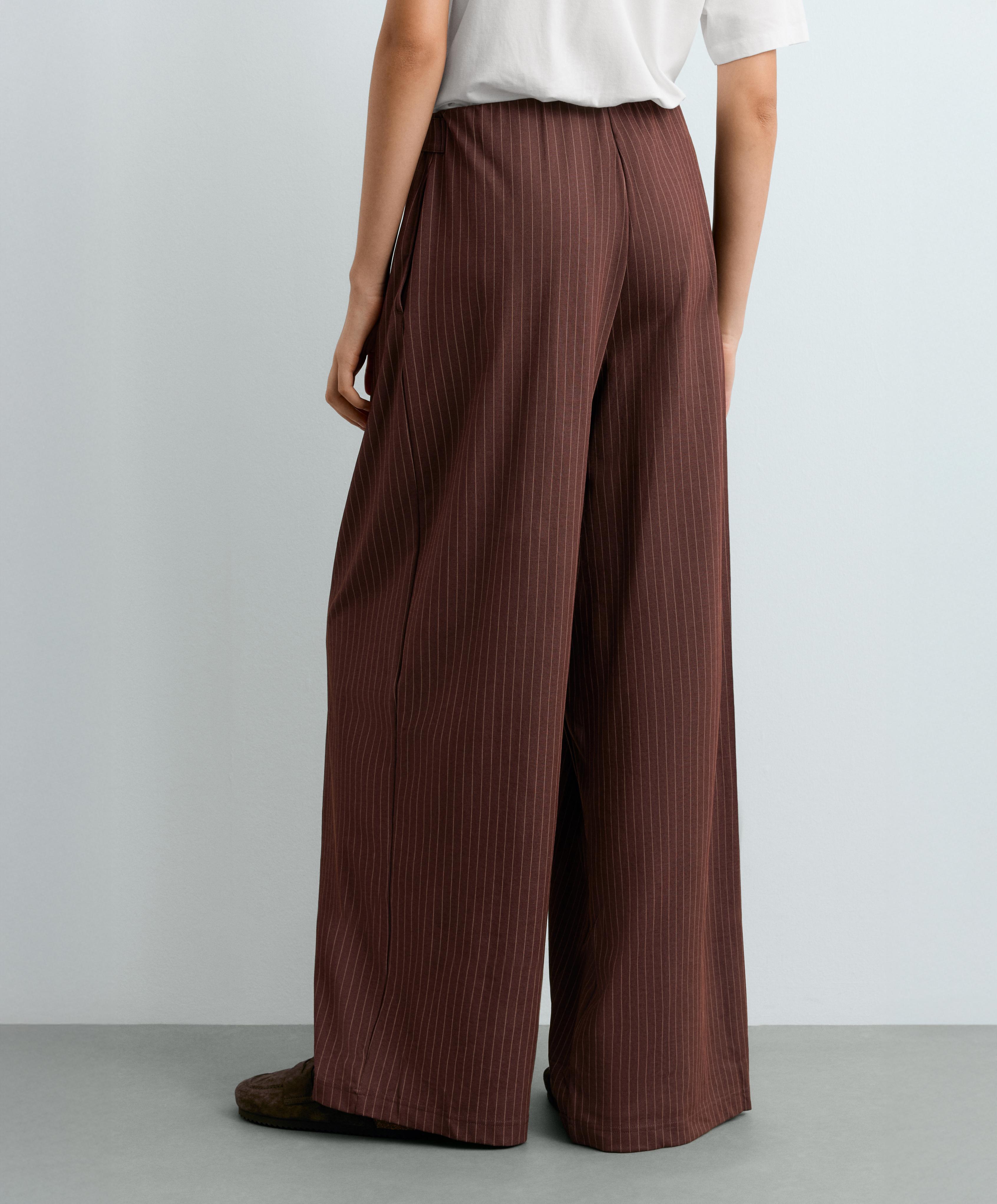 Wide-leg pinstripe piqué cotton crop trousers — CHOCOLATE