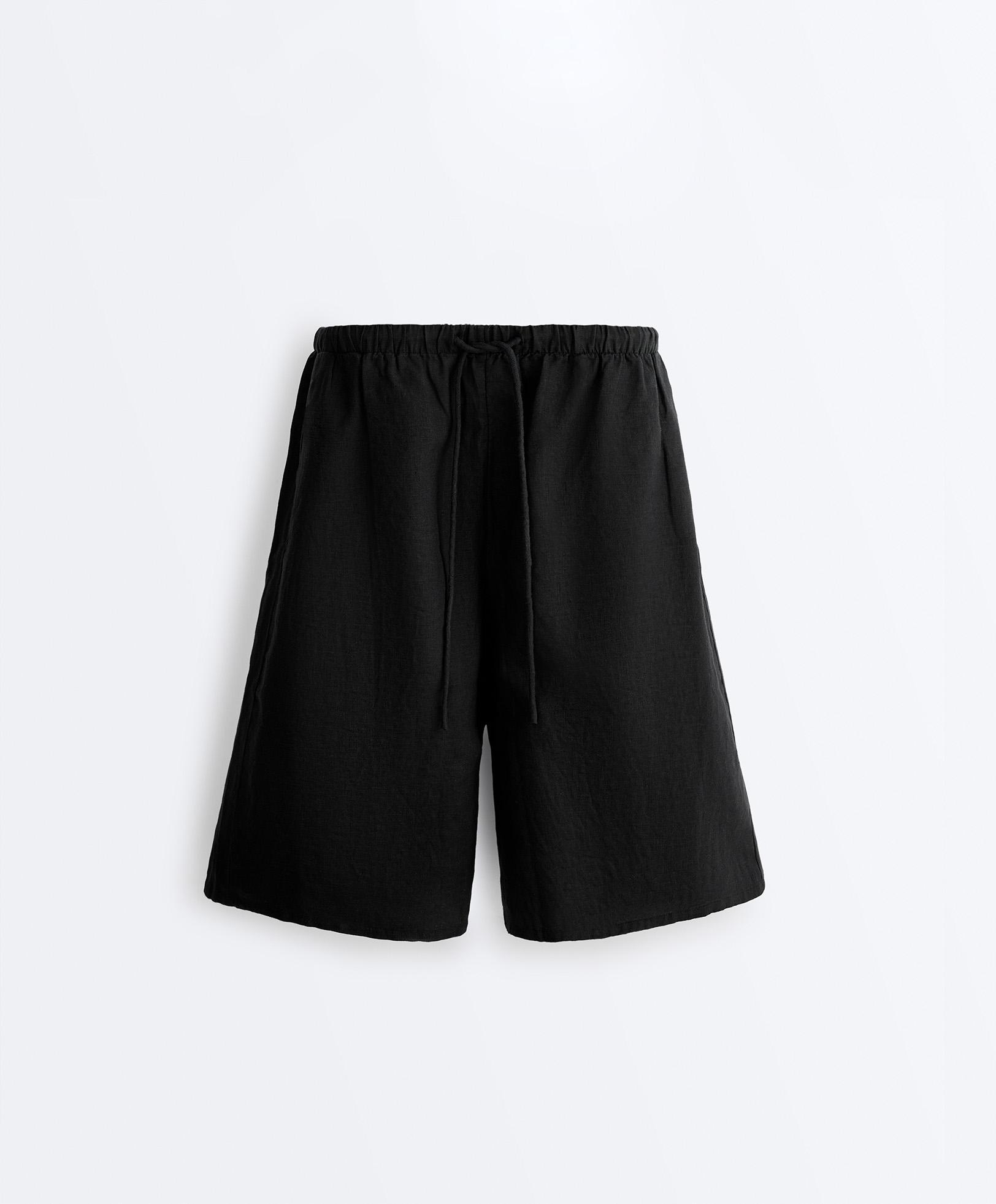 100% linen midi Bermuda shorts — BLACK
