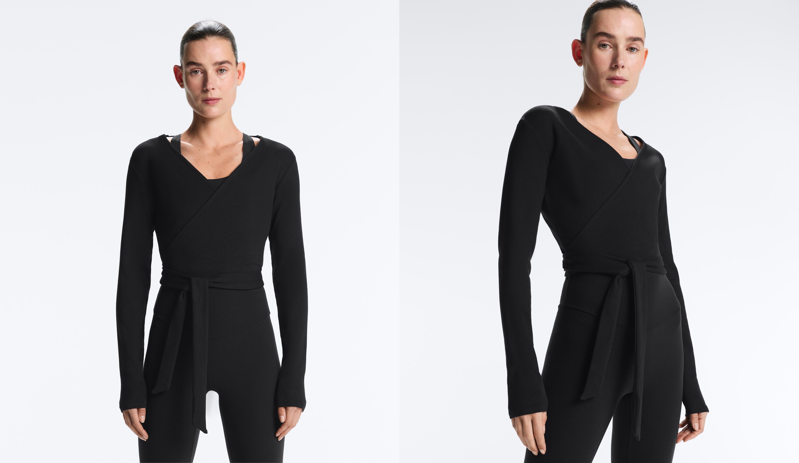 Wrap Over Rib Cotton Blend T-Shirt — BLACK