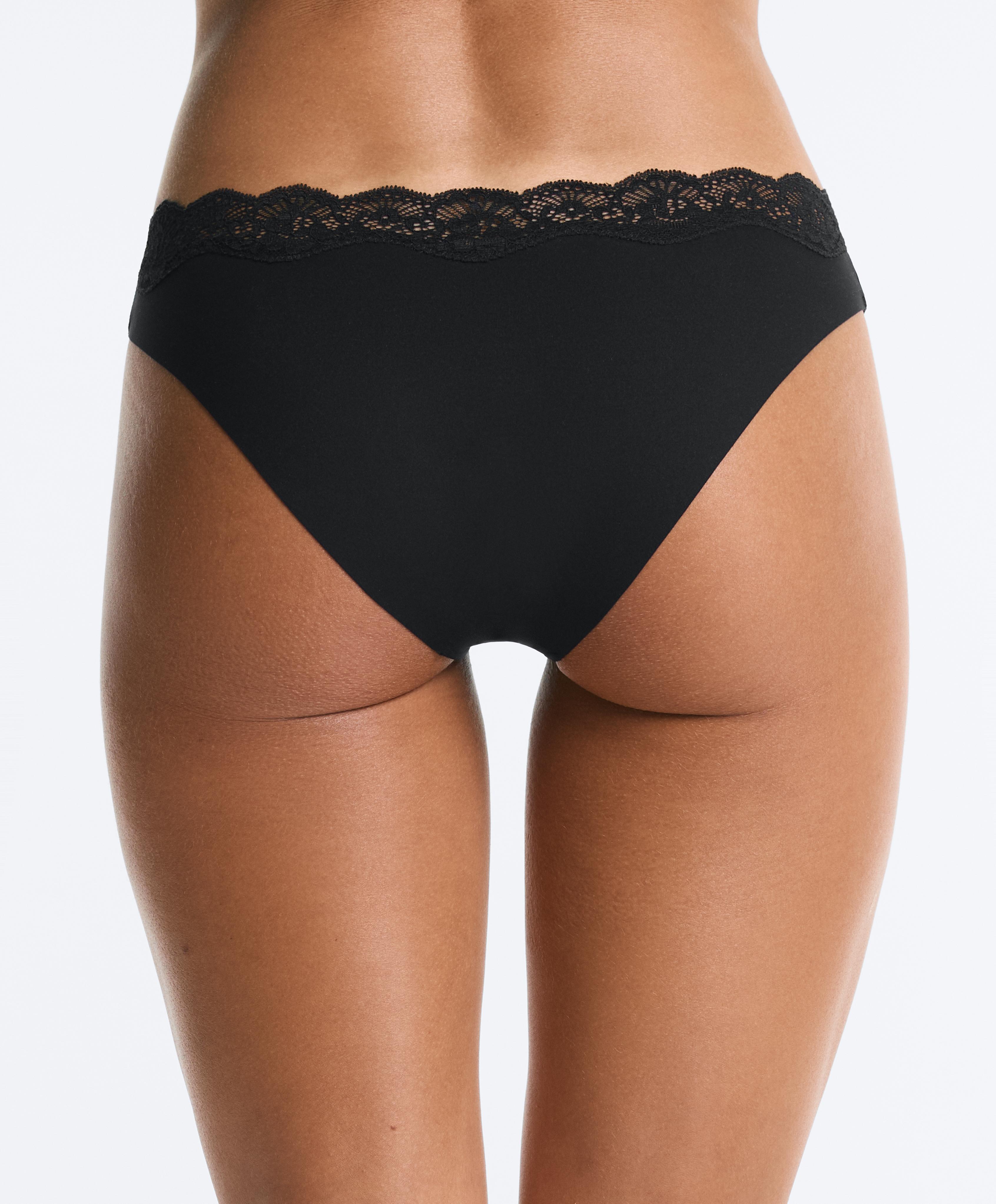 3 laser-cut polyamide blend V-cut lace bikini briefs — BLACK