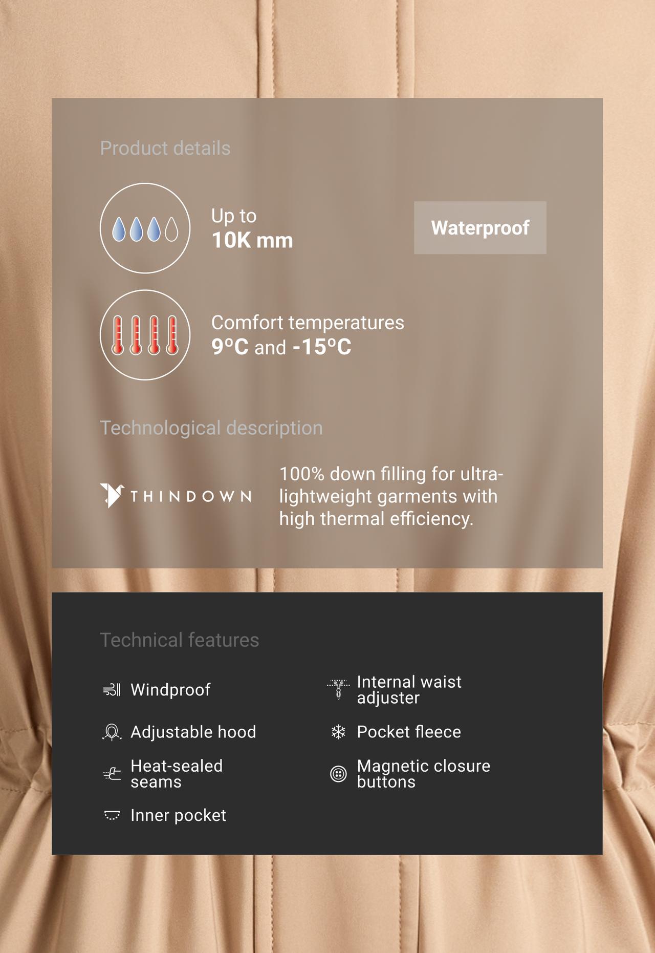 10k Thindown® waterproof flared padded jacket — DARK CAMEL