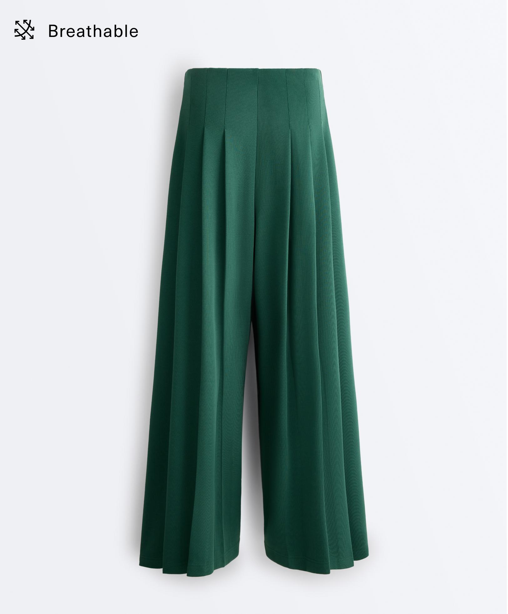 Cotton wide-leg pique trousers with pleats — DARK EMERALD