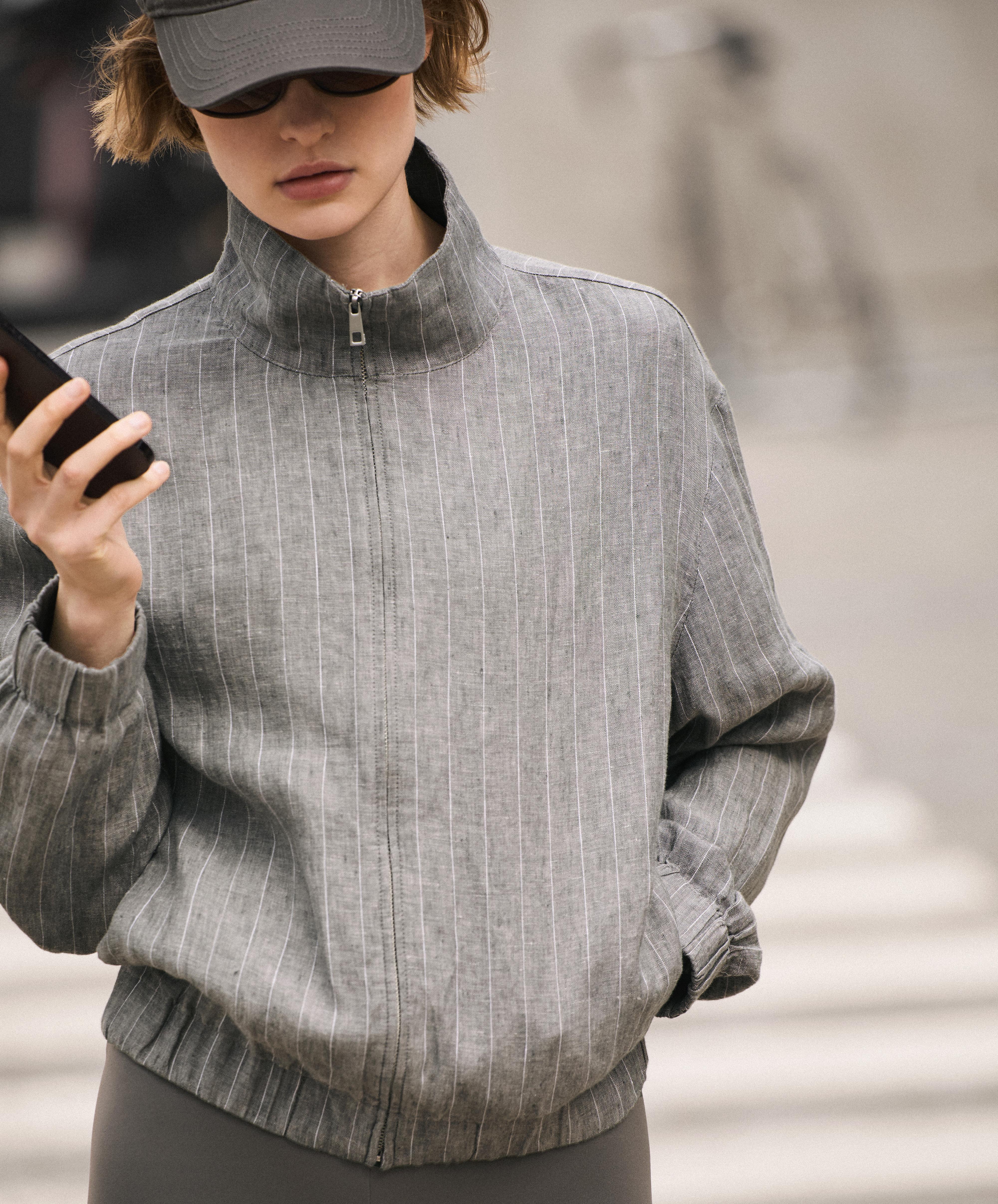 Pinstriped 100% linen high-neck jacket — MID GREY